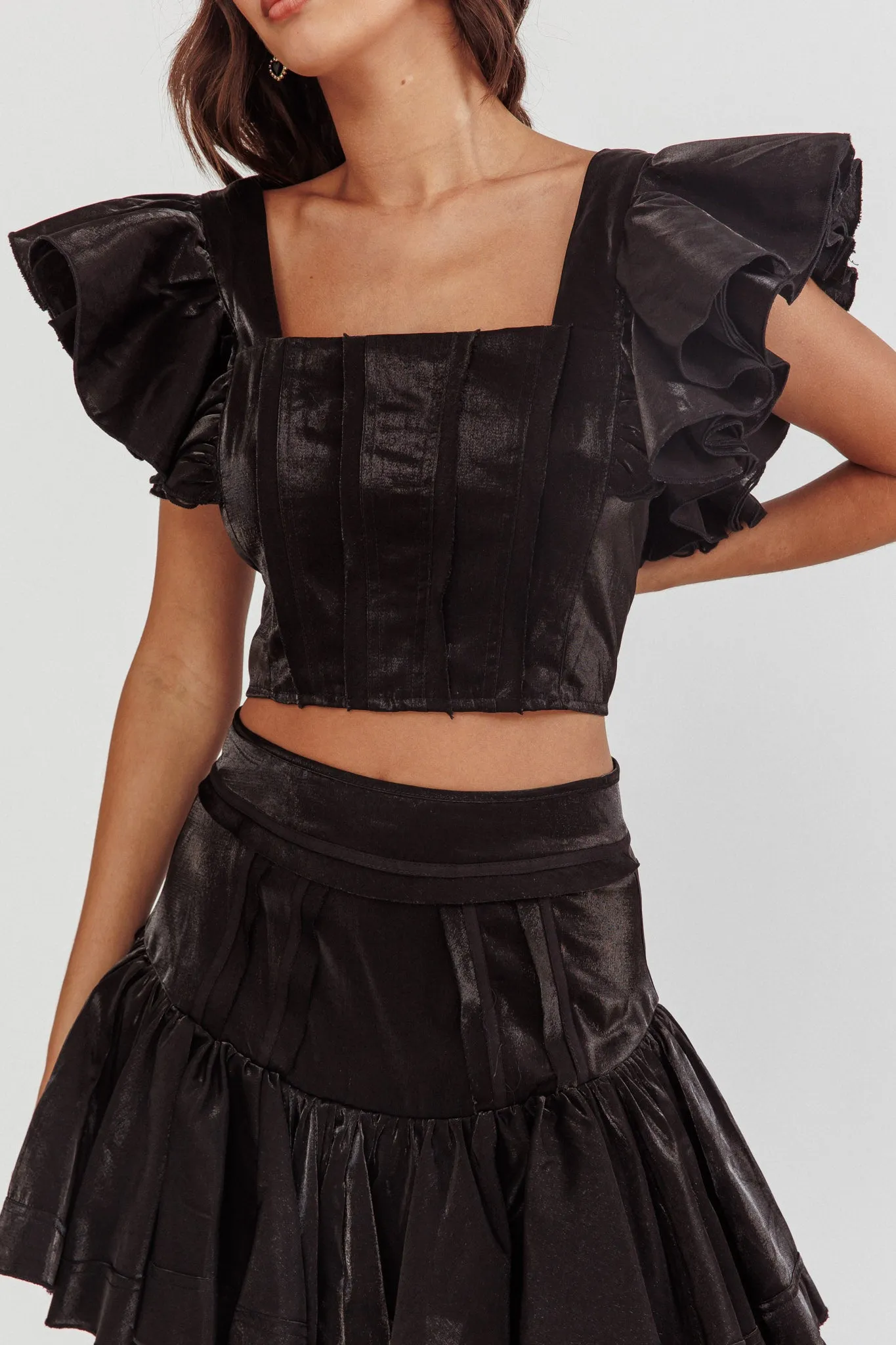 Debutante Ruffle Sleeve Crop Top Black