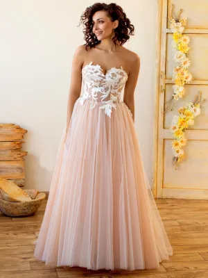 Designer Strapless Lace Corset Nude Ball Gown Floor Length Wedding Dress