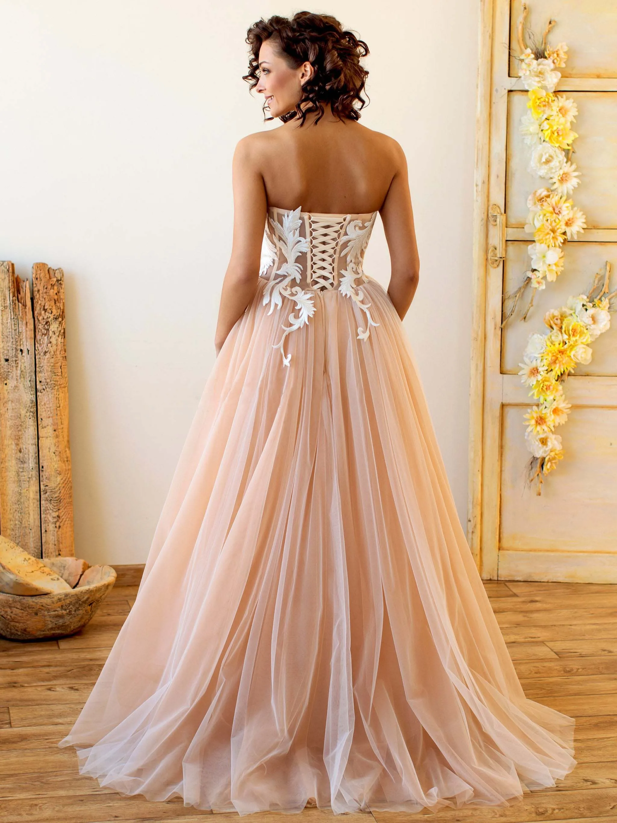 Designer Strapless Lace Corset Nude Ball Gown Floor Length Wedding Dress