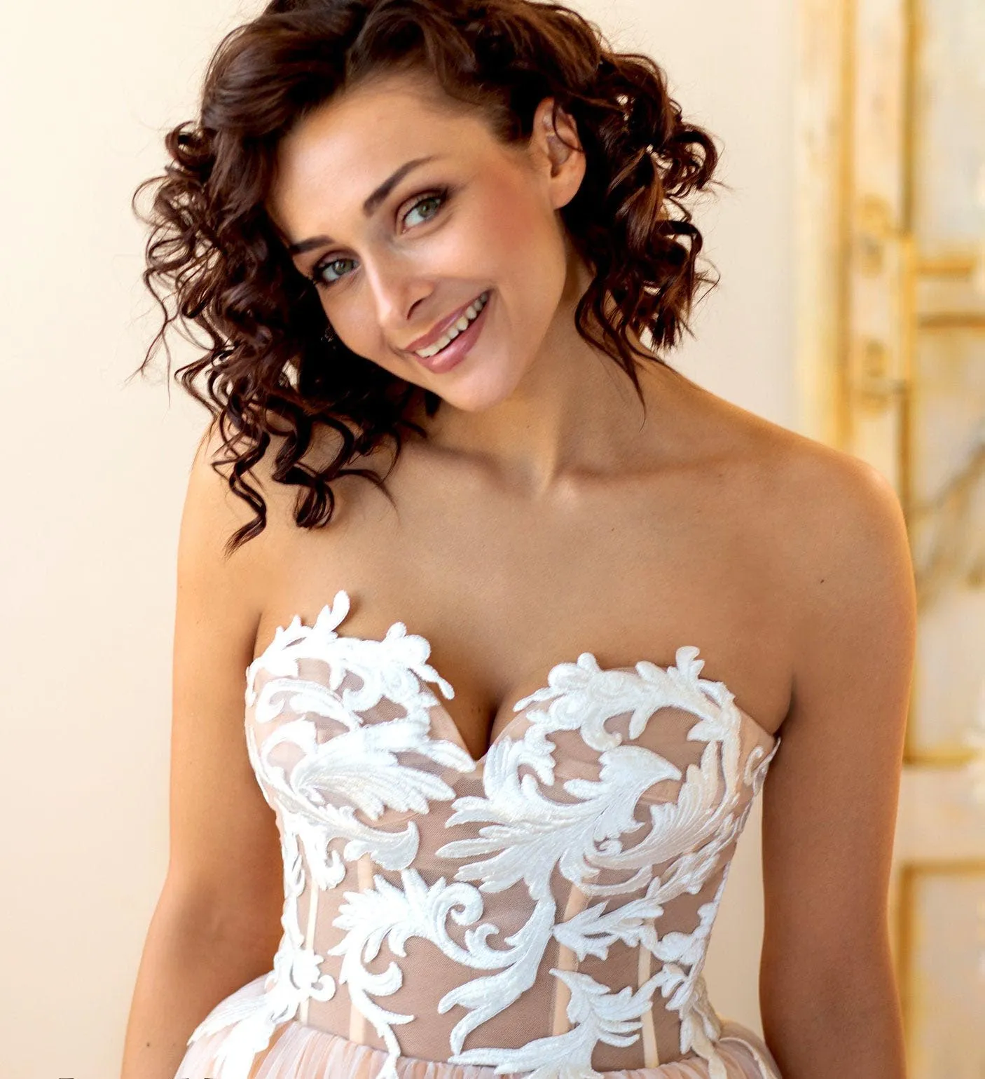 Designer Strapless Lace Corset Nude Ball Gown Floor Length Wedding Dress