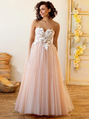 Designer Strapless Lace Corset Nude Ball Gown Floor Length Wedding Dress