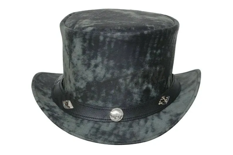 Distress Black Five Cent V band Leather Motorcycle Biker Steampunk Hat Headwear