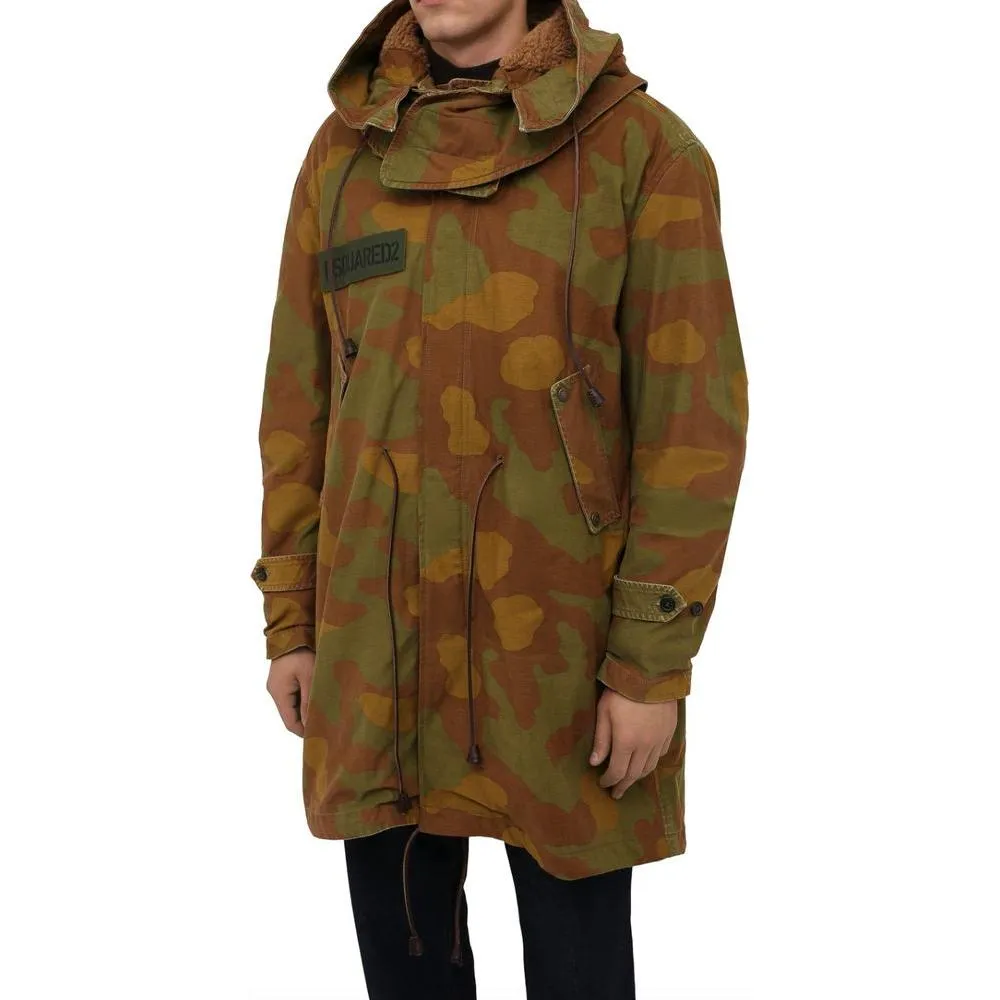 Dsquared² Camo Textured Hooded Parka with Leather Details