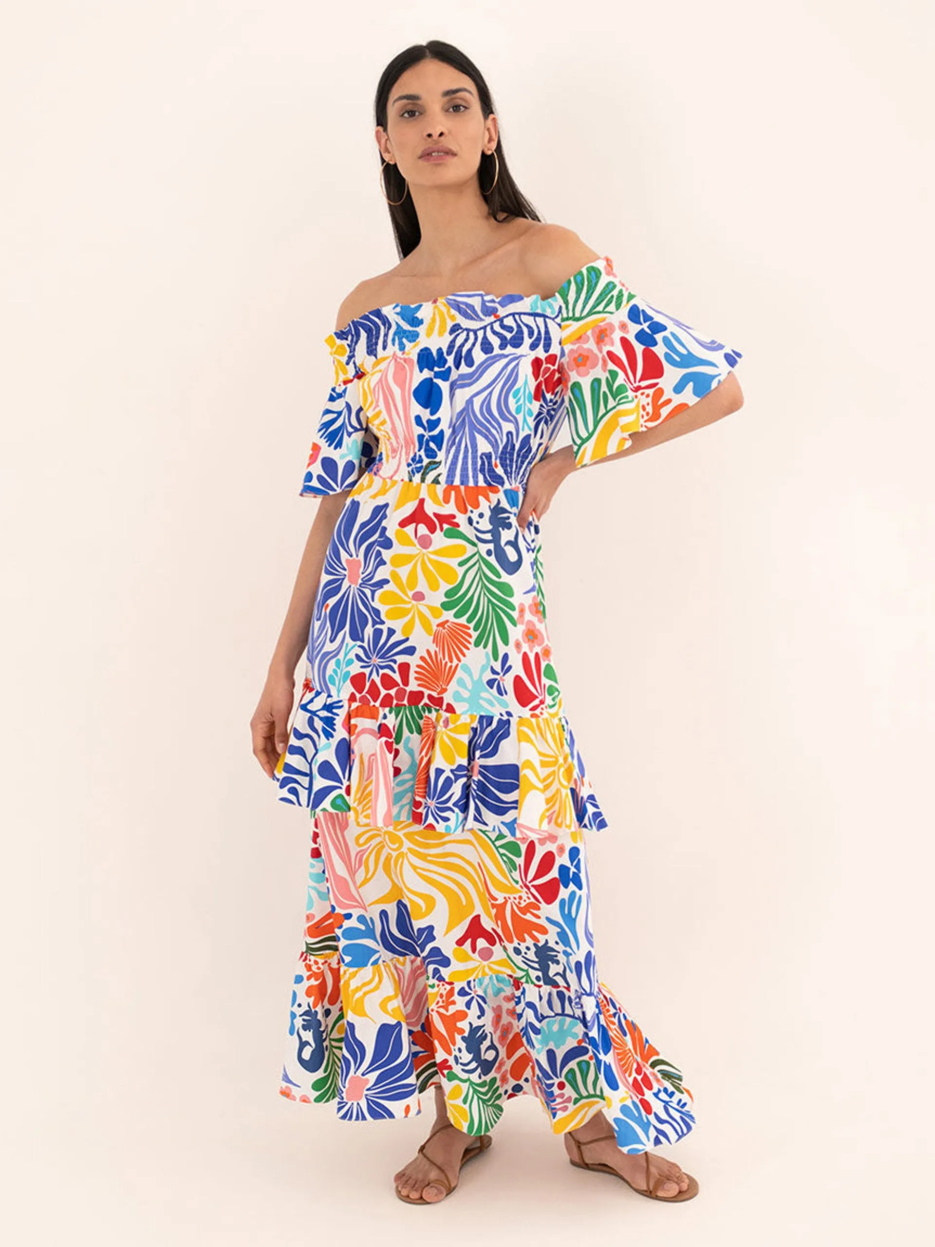 Elena cotton maxi dress in Sea Sunbath white