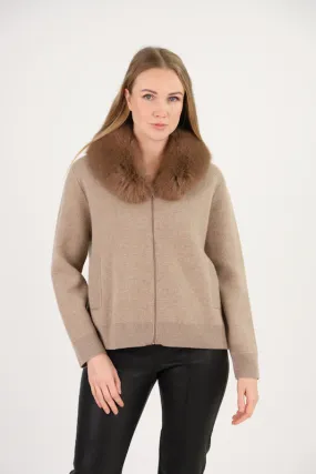 Estheme Zip Up Sweater with Faux Fur Collar - Taupe