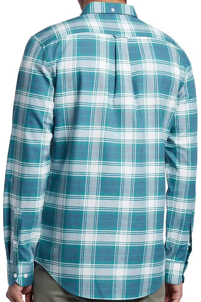 Farah Mens Brewer Slim Fit Long Sleeve Organic Cotton Check Shirt Ocean