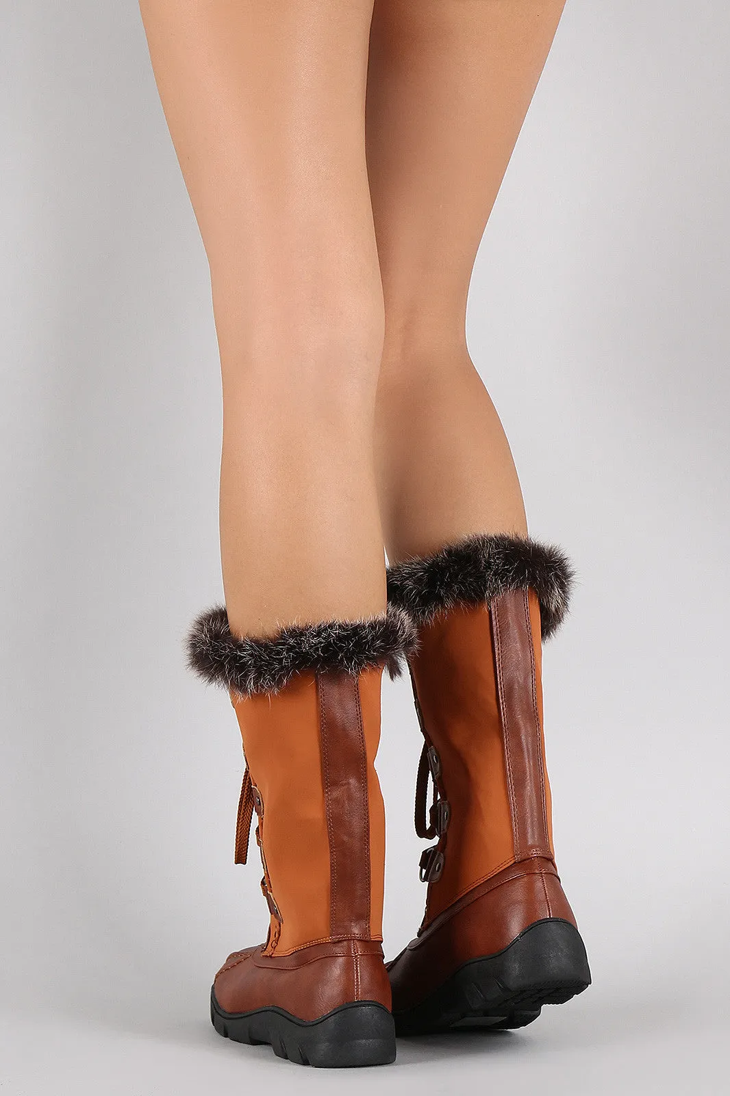 Faux Fur Round Toe Lace Up Mid Calf Boots