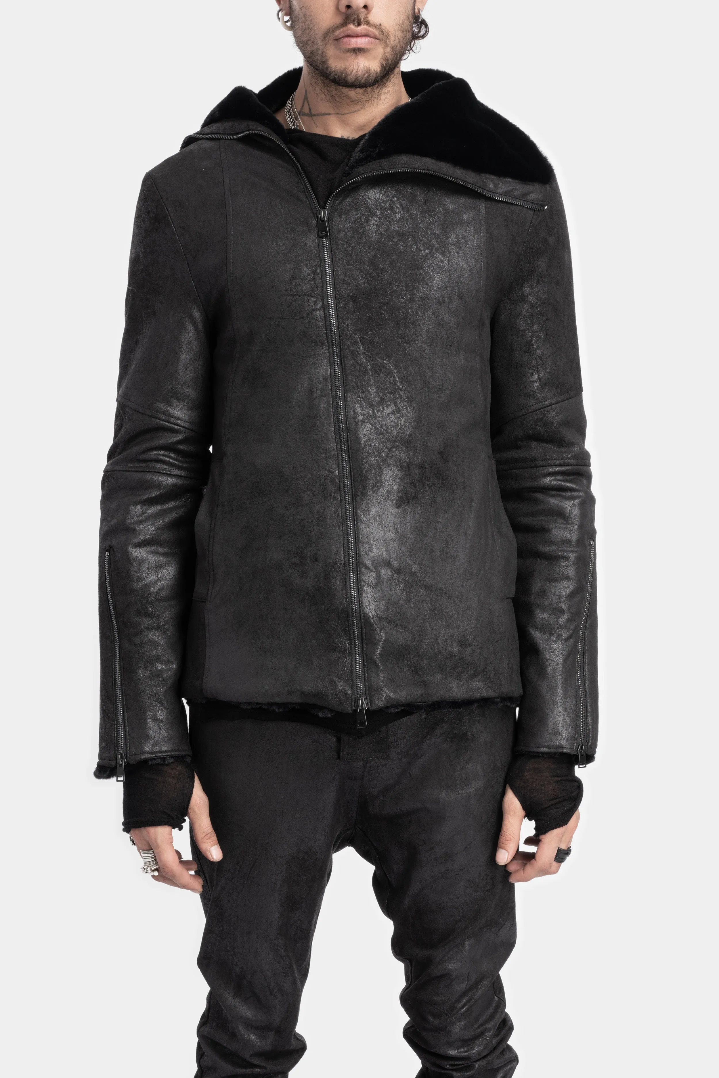 Faux leather fur collar jacket