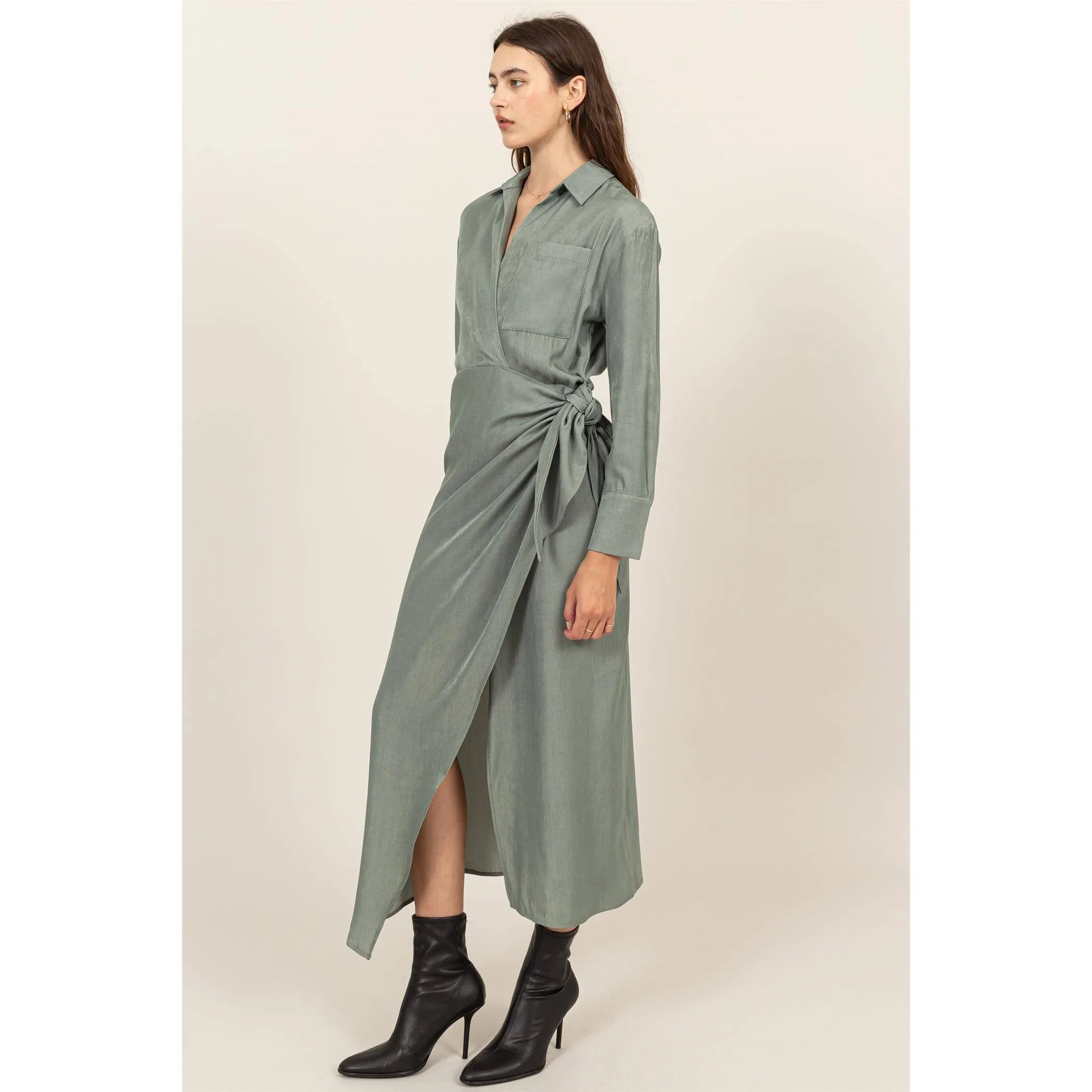 FAUX WRAP SIDE TIE MIDI DRESS - LIGHT DENIM