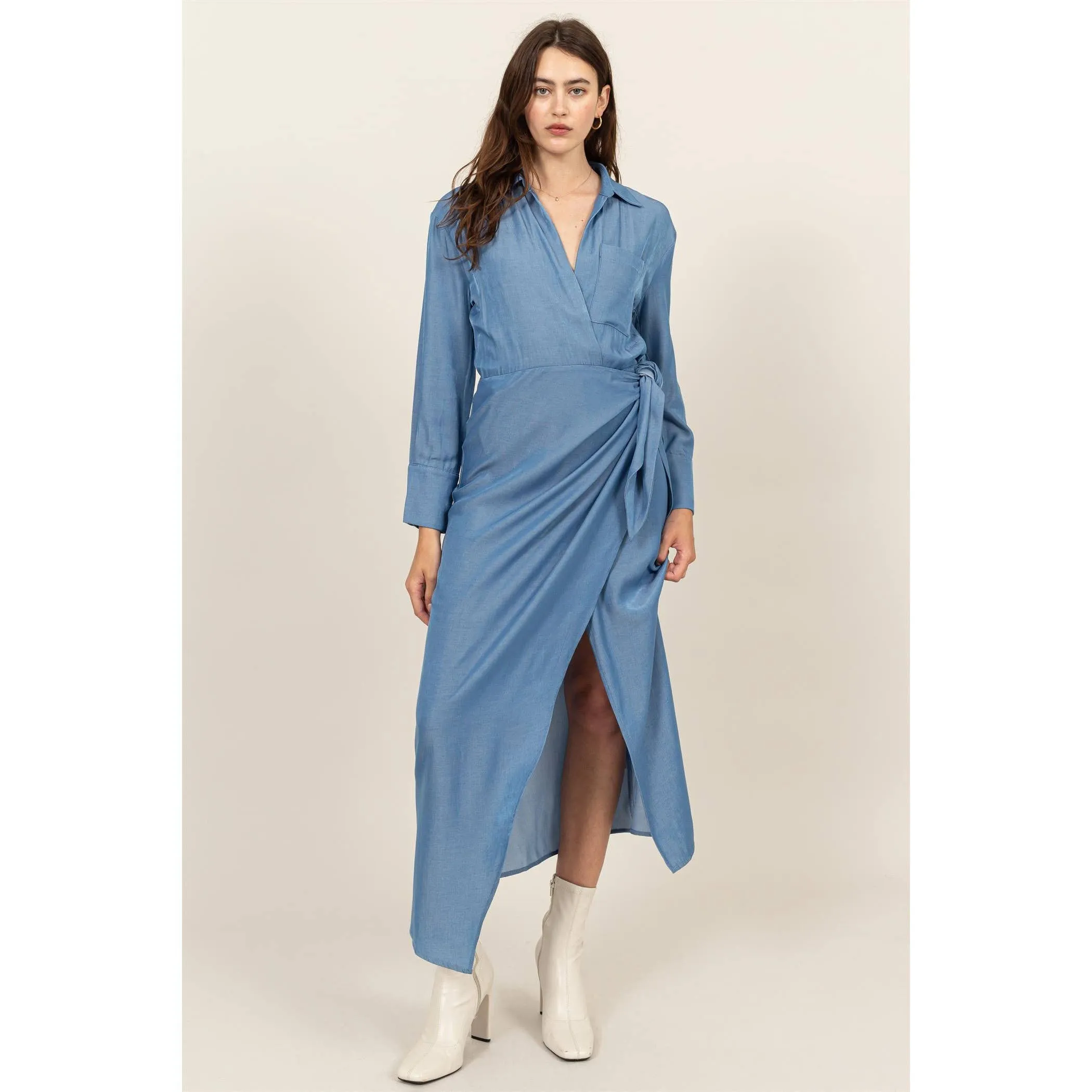 FAUX WRAP SIDE TIE MIDI DRESS - LIGHT DENIM