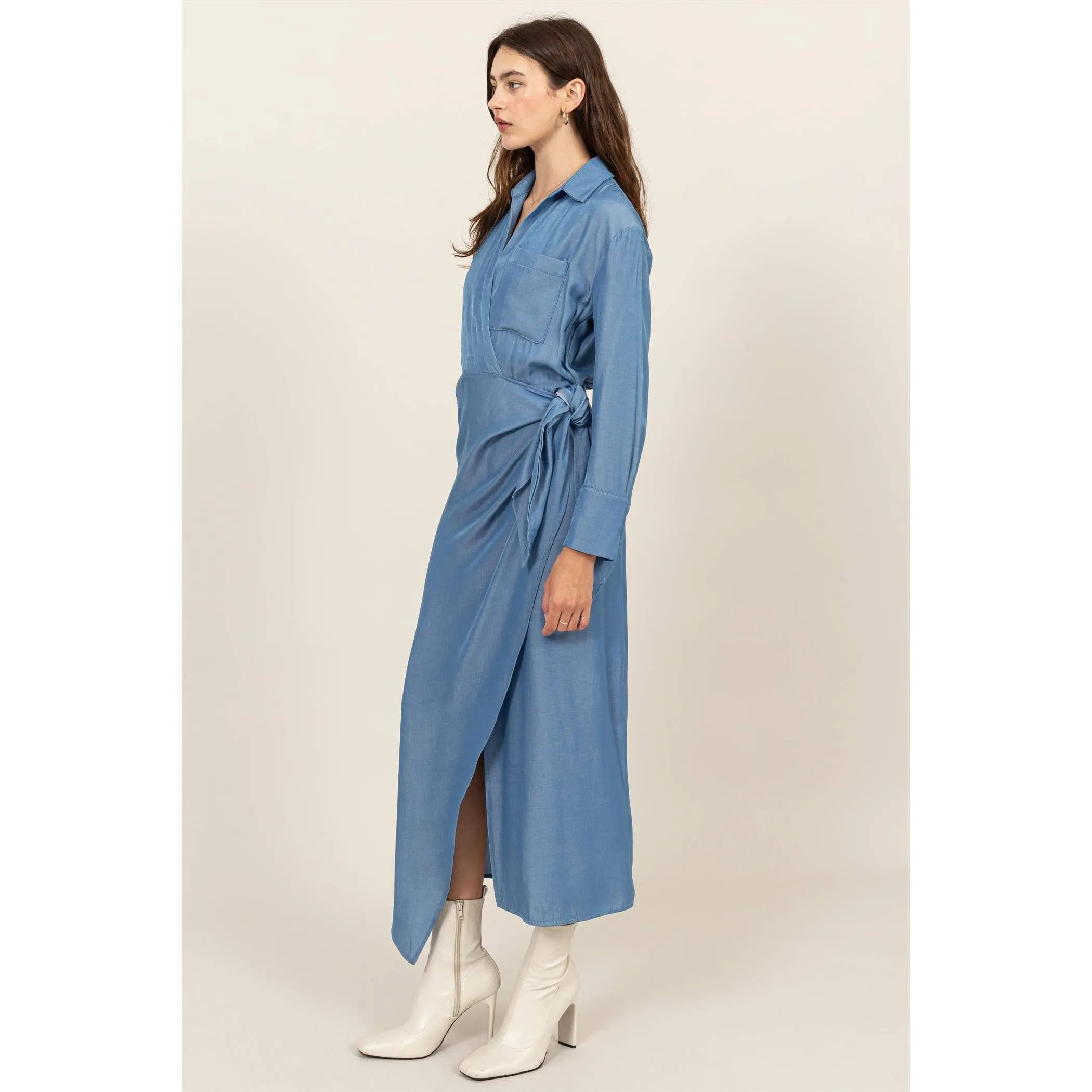 FAUX WRAP SIDE TIE MIDI DRESS - LIGHT DENIM