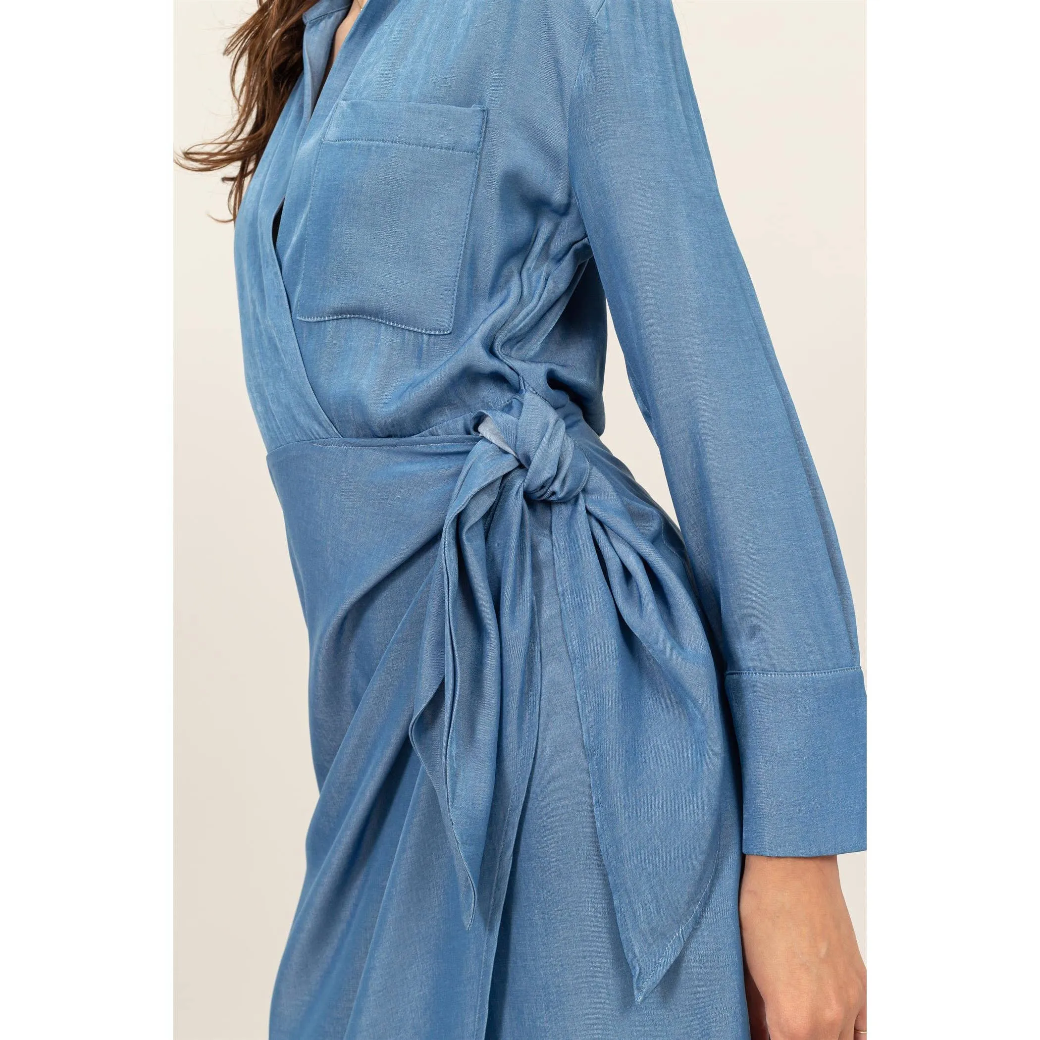 FAUX WRAP SIDE TIE MIDI DRESS - LIGHT DENIM