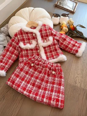 Festive Red Plaid Faux Fur Trimmed Girls' Jacket and Skirt Set