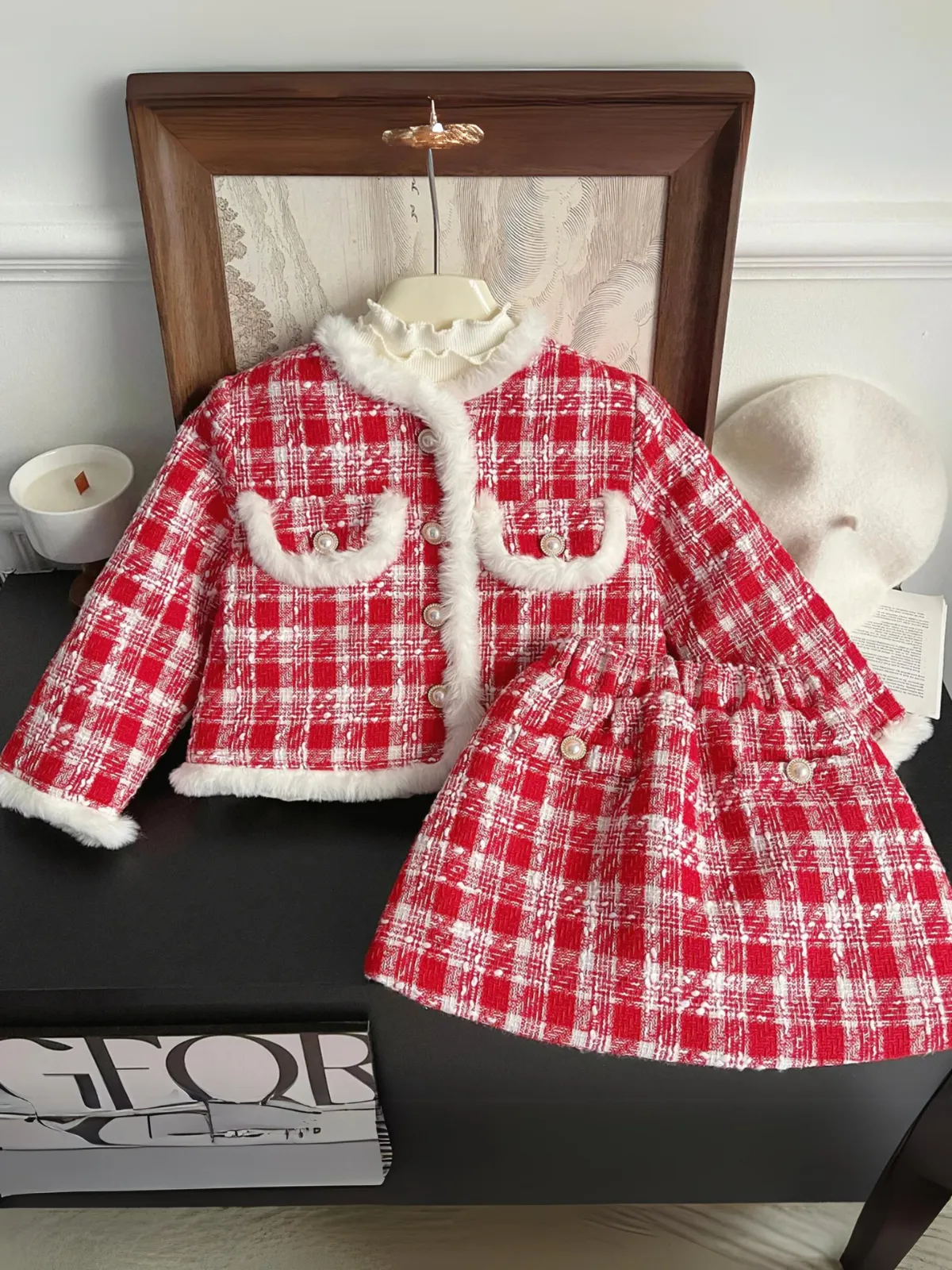 Festive Red Plaid Faux Fur Trimmed Girls' Jacket and Skirt Set