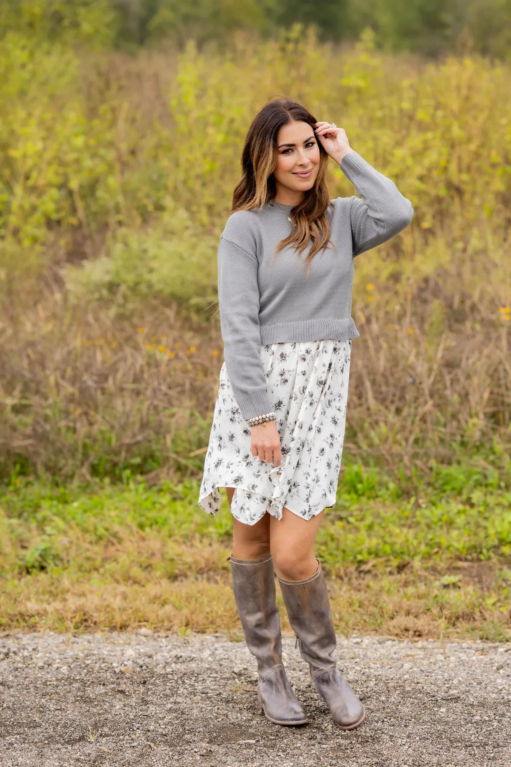 Floral Faux Layered Sweater Dress