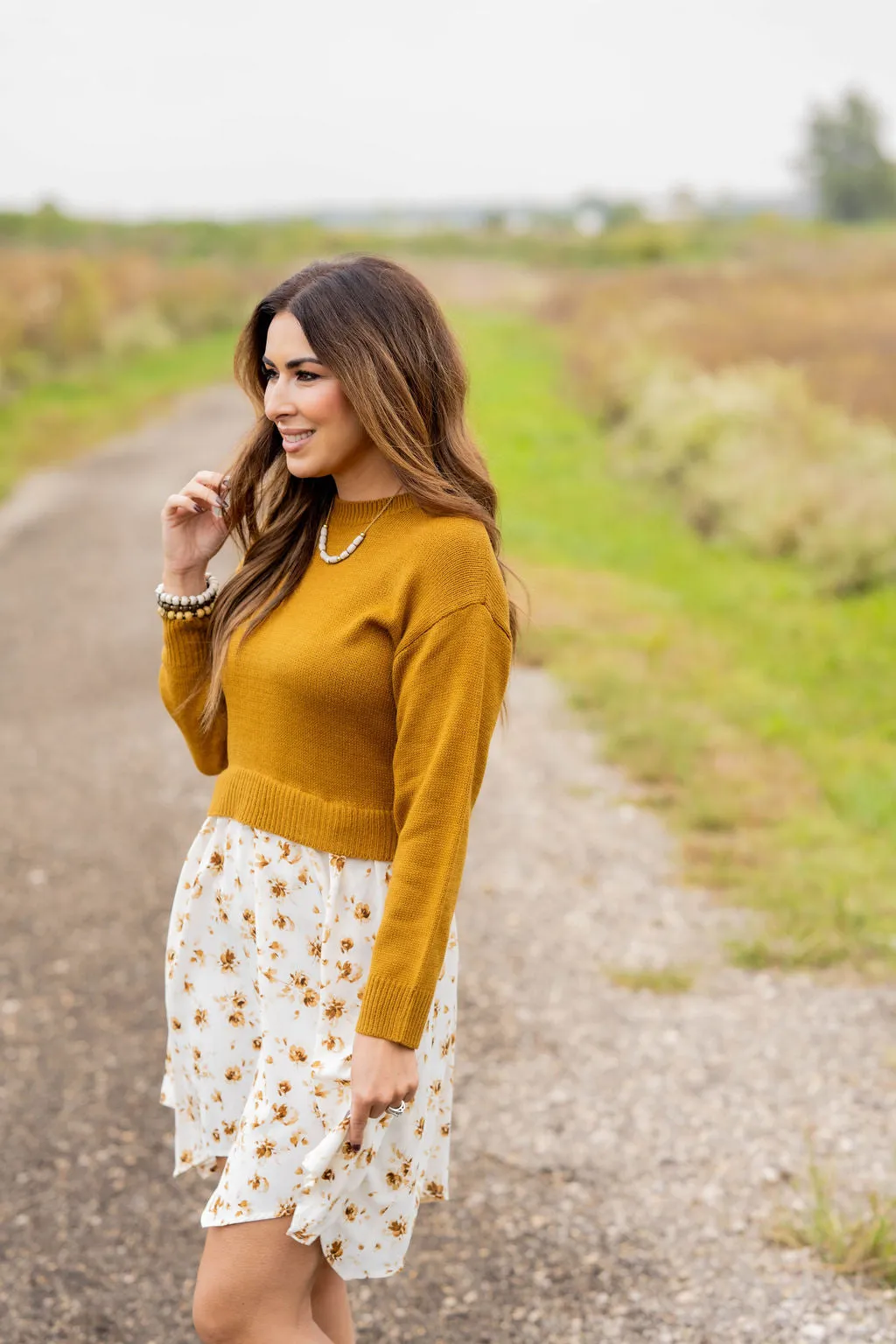 Floral Faux Layered Sweater Dress