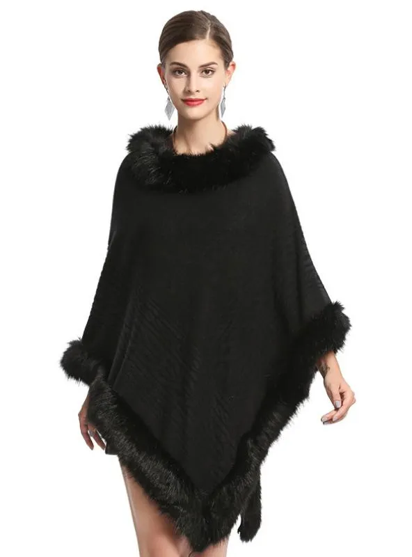 FOX LIKE FUR COLLAR ROUND PULLOVER SWEATER CAPE SHAWL