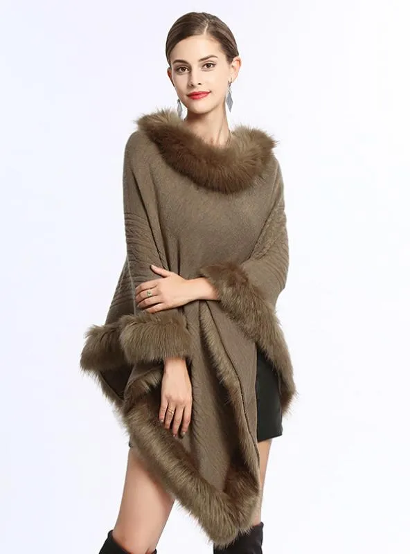 FOX LIKE FUR COLLAR ROUND PULLOVER SWEATER CAPE SHAWL