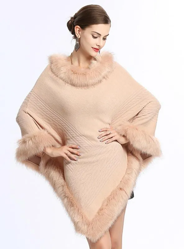 FOX LIKE FUR COLLAR ROUND PULLOVER SWEATER CAPE SHAWL