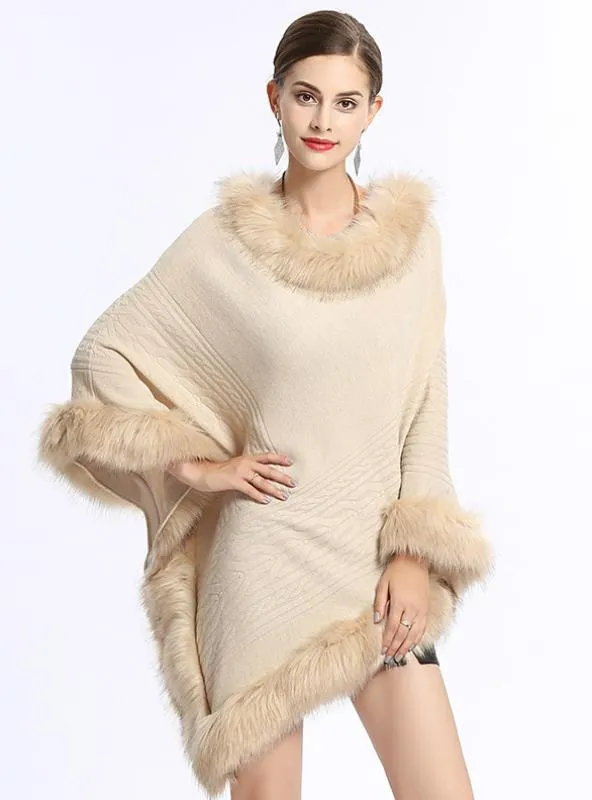 FOX LIKE FUR COLLAR ROUND PULLOVER SWEATER CAPE SHAWL