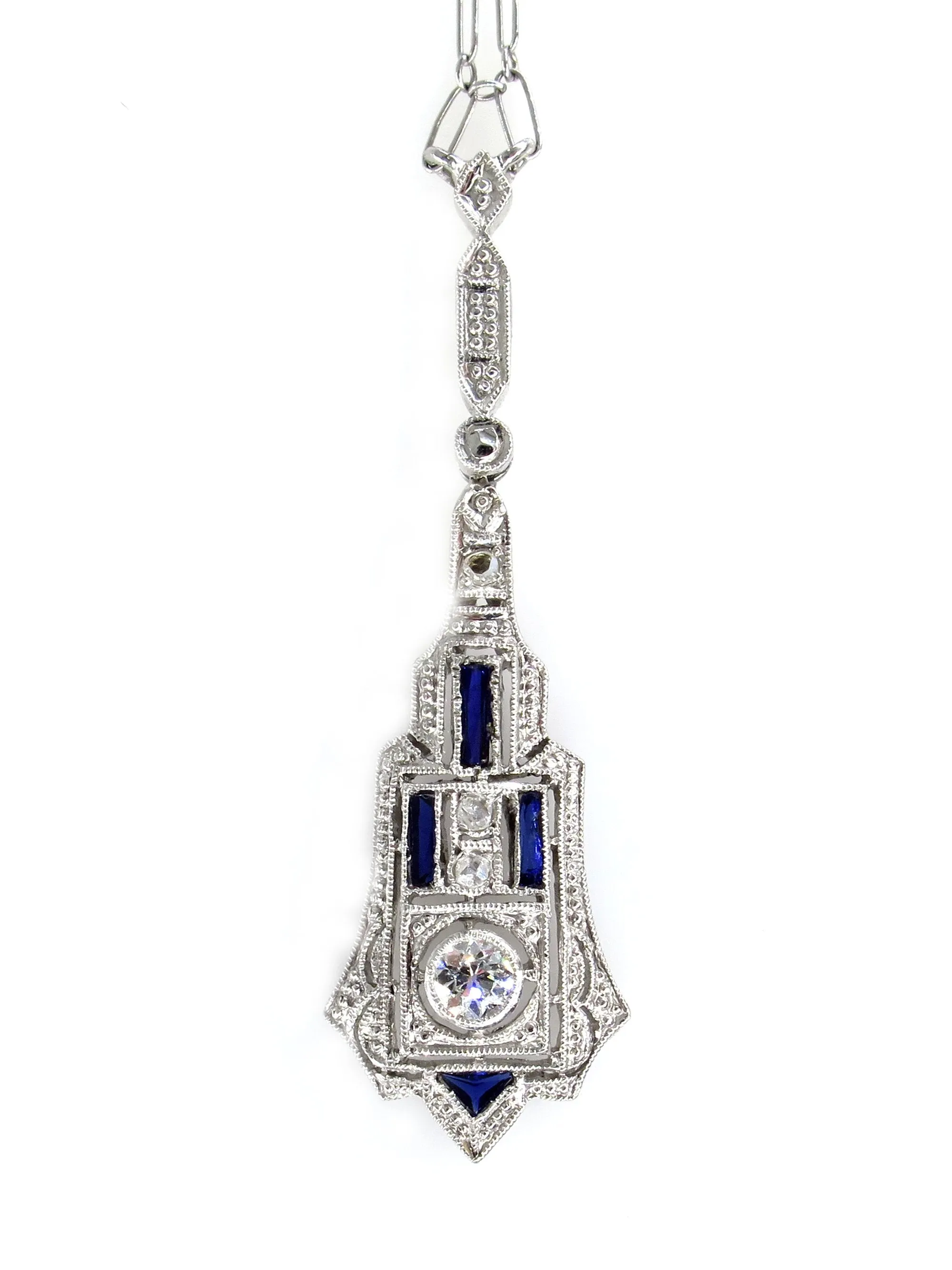 French Art Deco LAVALIERE DIAMOND SAPPHIRE Drop Pendant Necklace