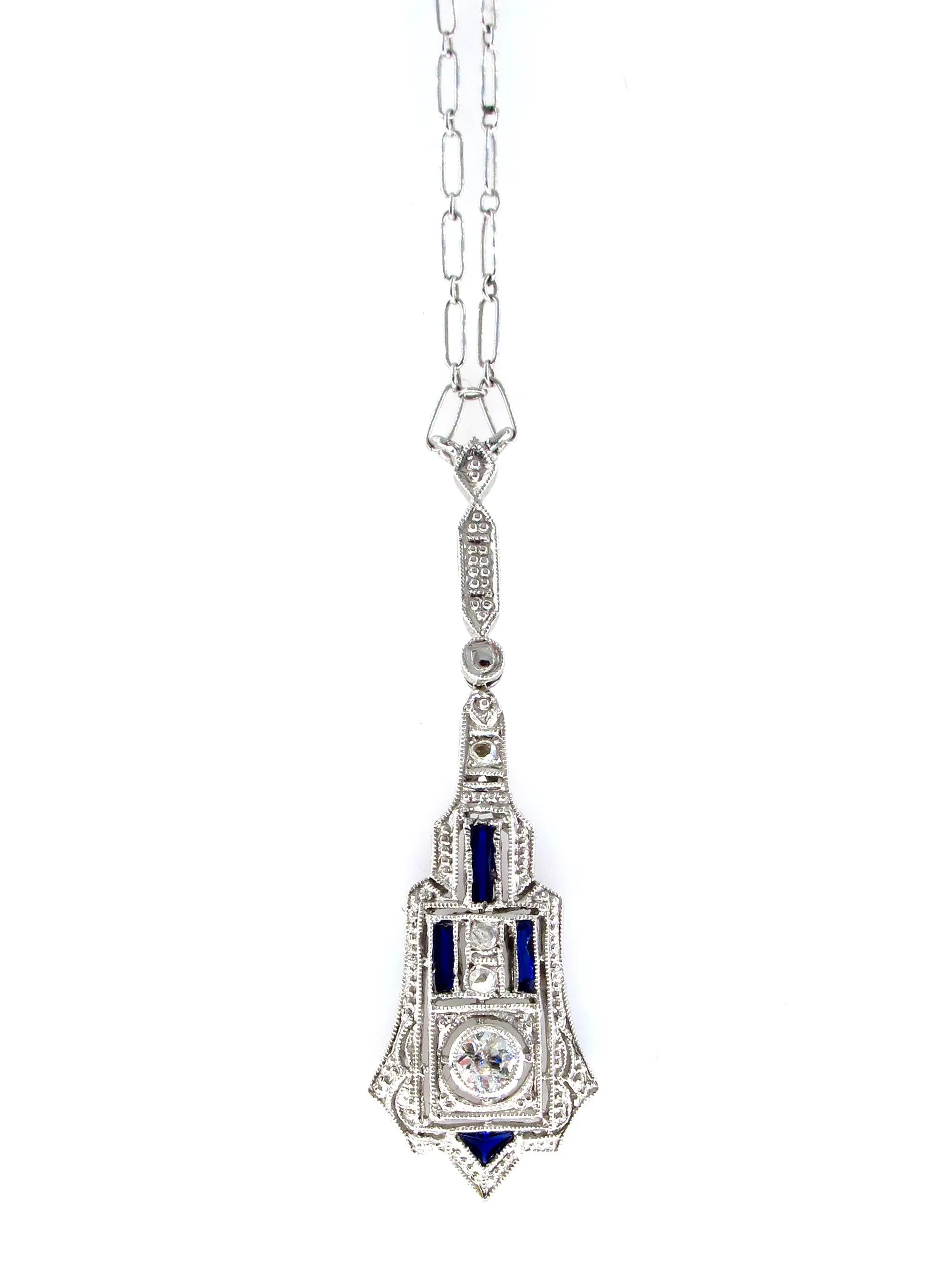 French Art Deco LAVALIERE DIAMOND SAPPHIRE Drop Pendant Necklace