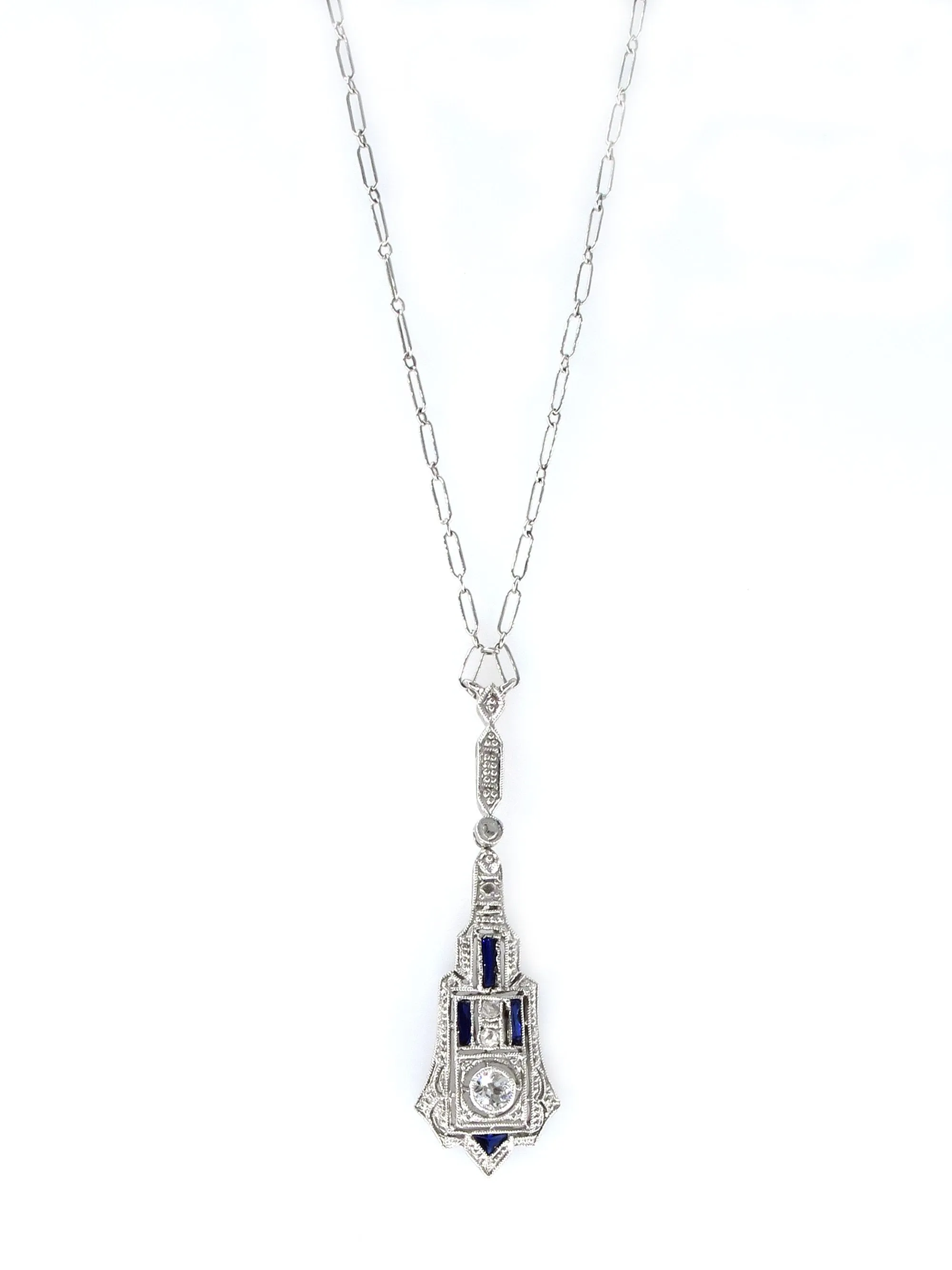 French Art Deco LAVALIERE DIAMOND SAPPHIRE Drop Pendant Necklace