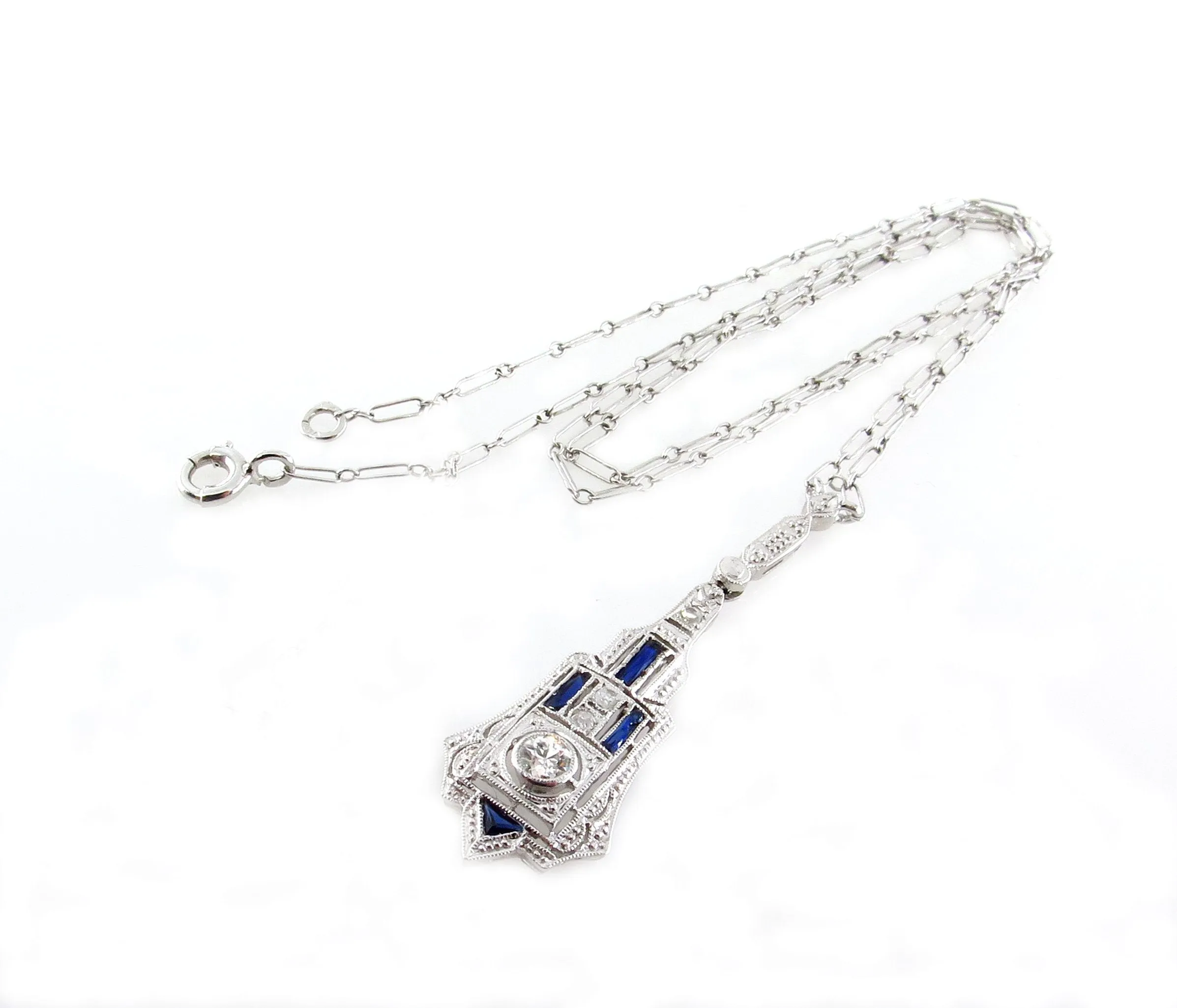 French Art Deco LAVALIERE DIAMOND SAPPHIRE Drop Pendant Necklace