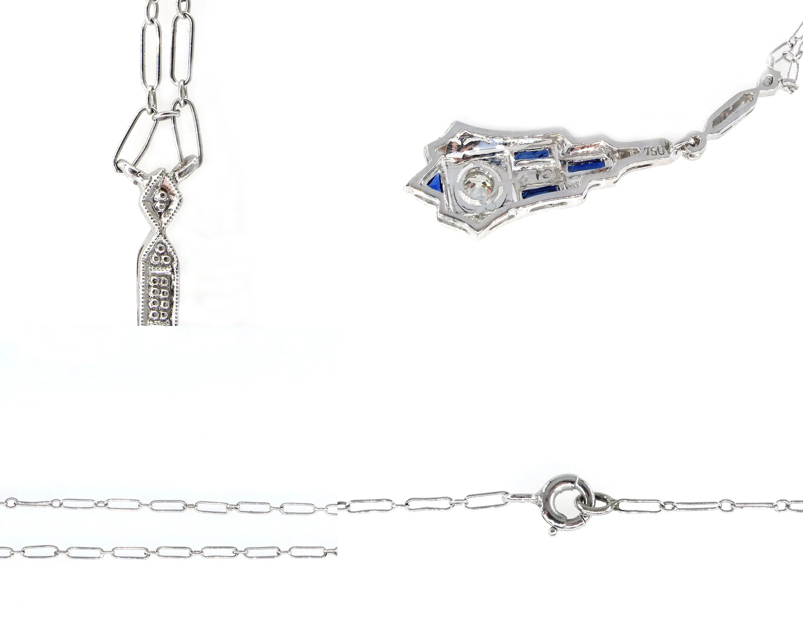 French Art Deco LAVALIERE DIAMOND SAPPHIRE Drop Pendant Necklace