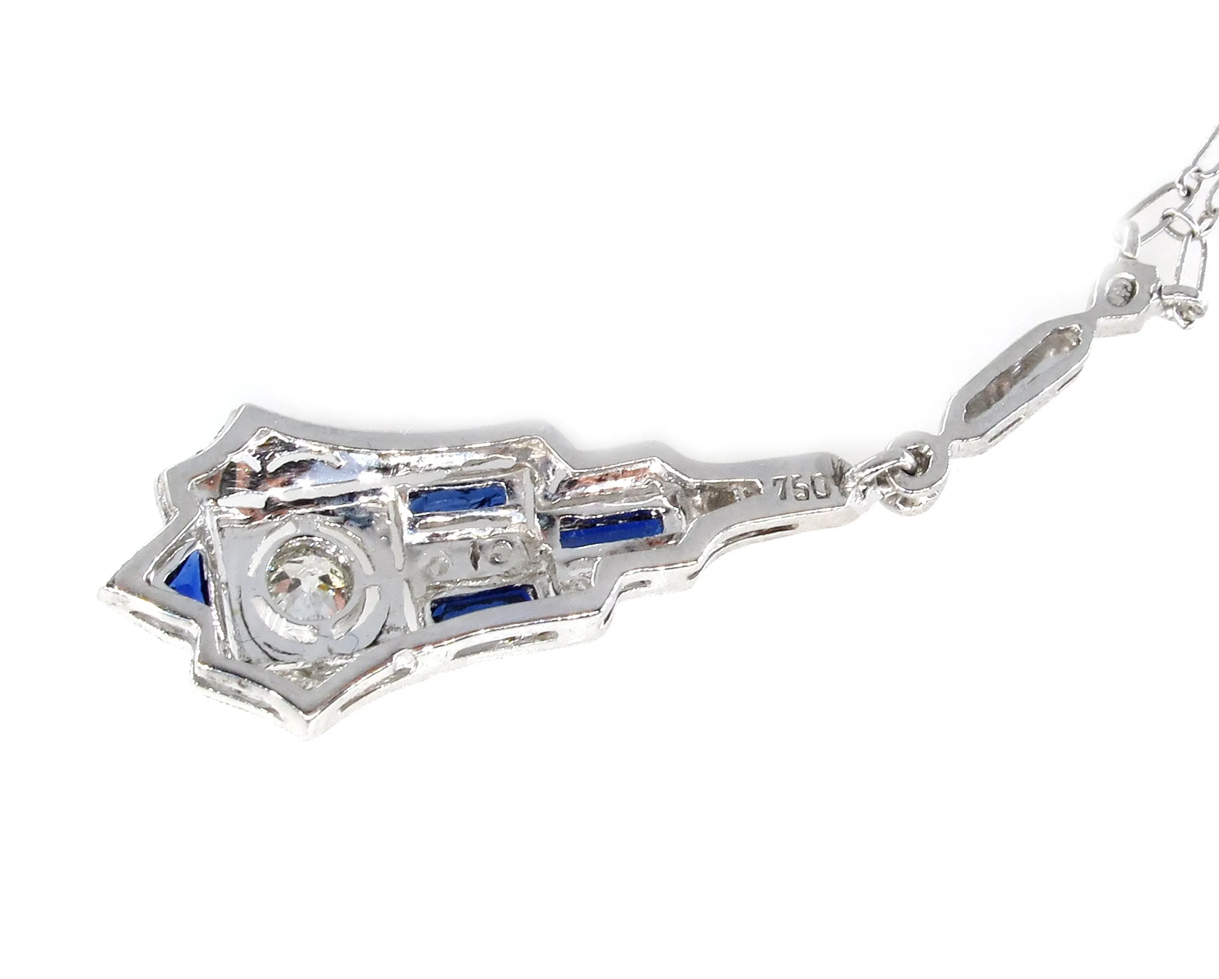 French Art Deco LAVALIERE DIAMOND SAPPHIRE Drop Pendant Necklace