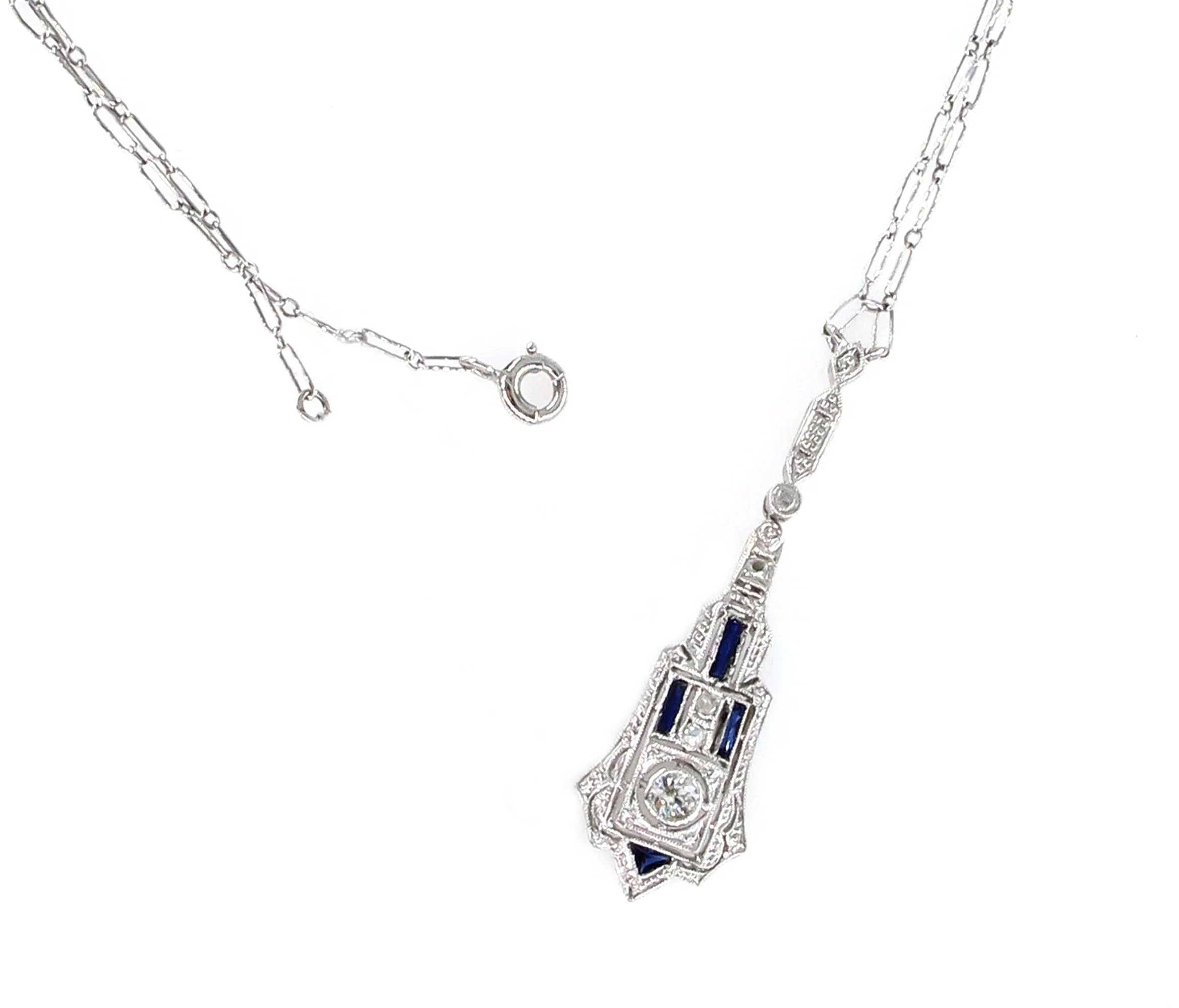 French Art Deco LAVALIERE DIAMOND SAPPHIRE Drop Pendant Necklace