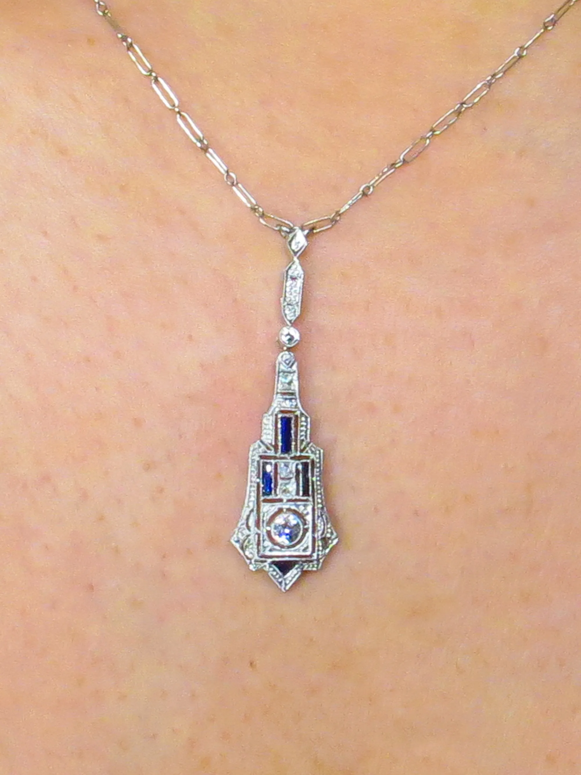 French Art Deco LAVALIERE DIAMOND SAPPHIRE Drop Pendant Necklace