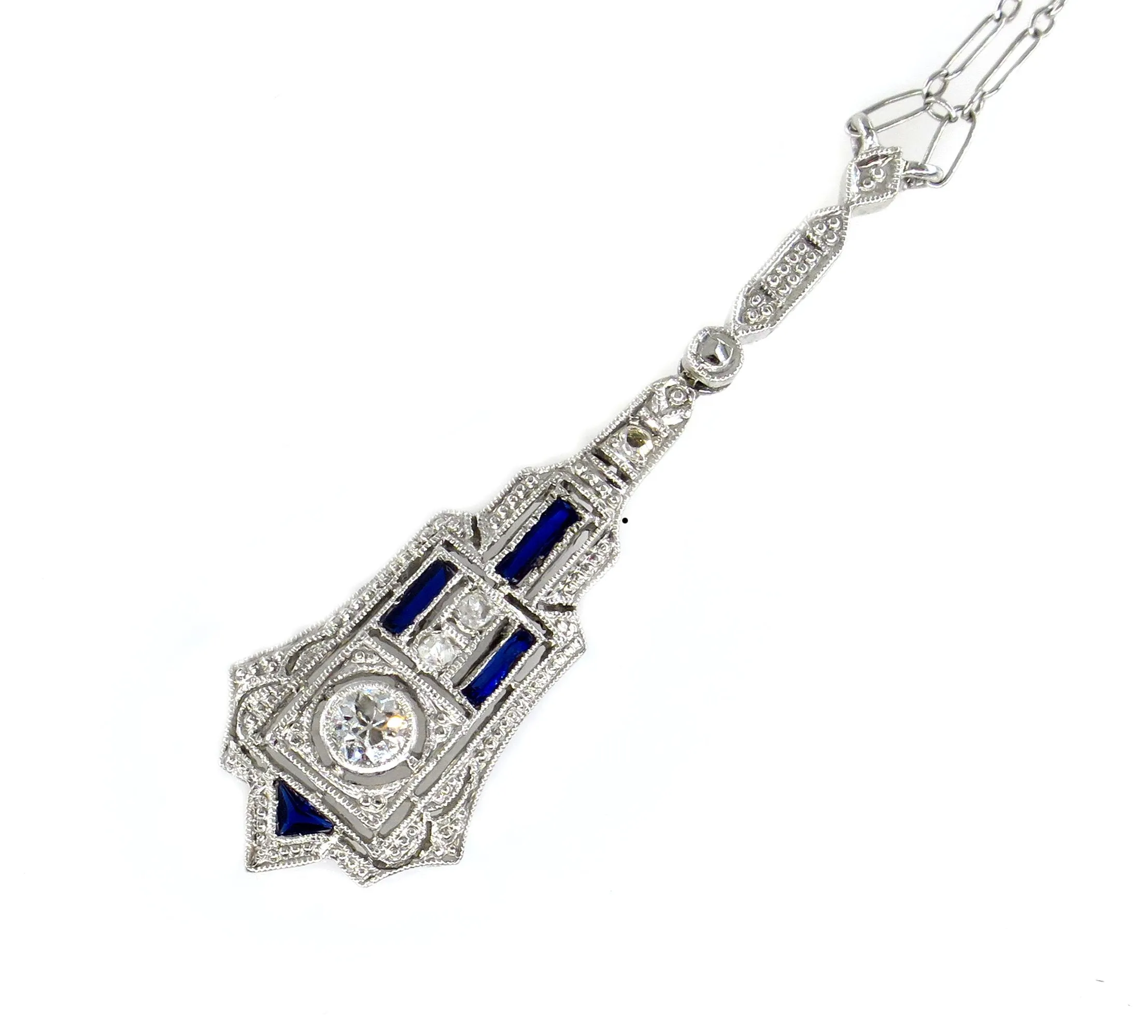 French Art Deco LAVALIERE DIAMOND SAPPHIRE Drop Pendant Necklace