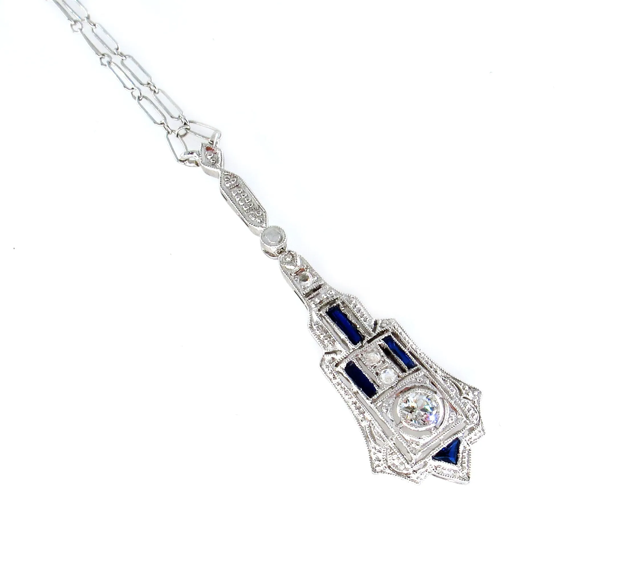 French Art Deco LAVALIERE DIAMOND SAPPHIRE Drop Pendant Necklace