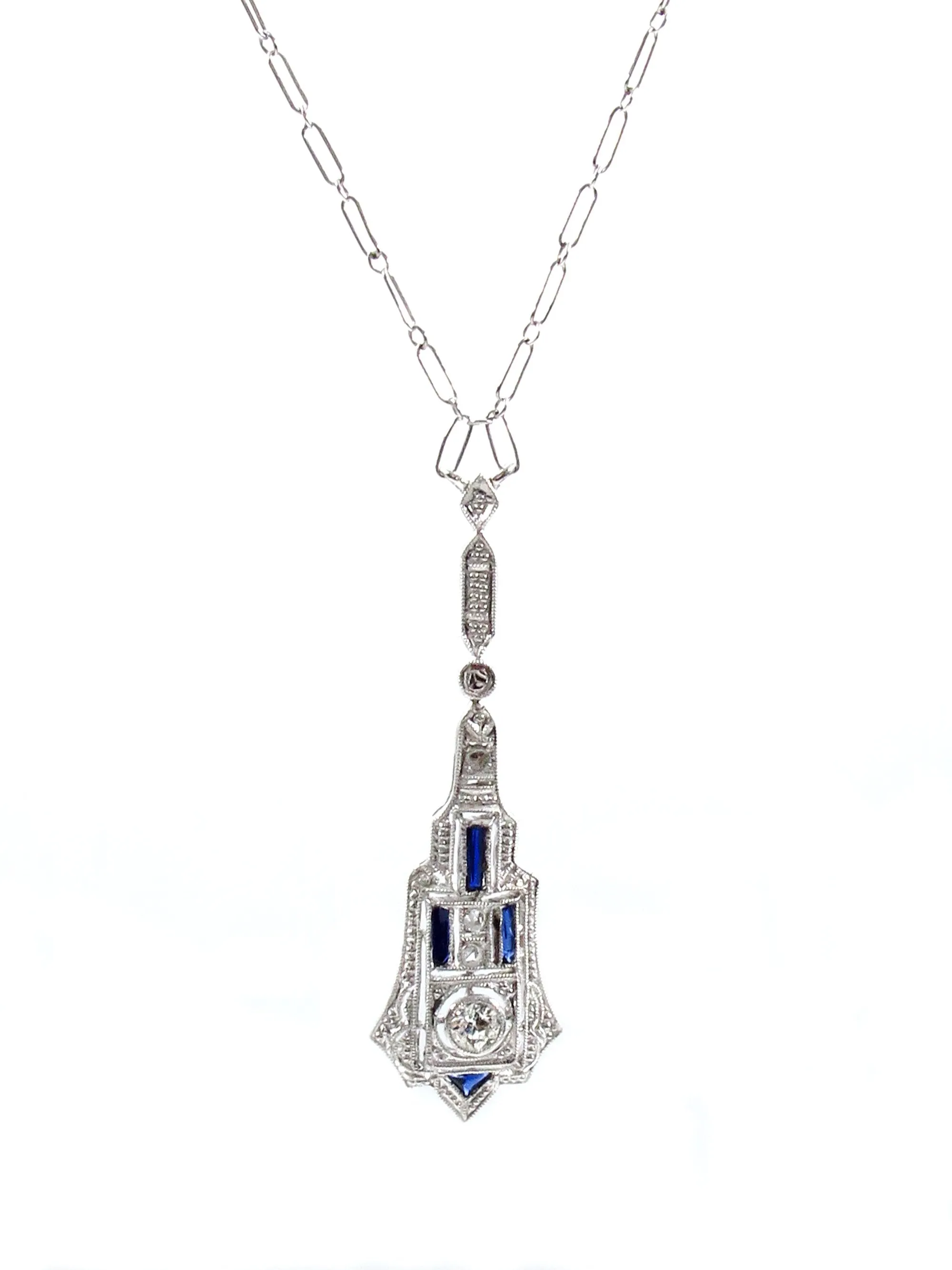 French Art Deco LAVALIERE DIAMOND SAPPHIRE Drop Pendant Necklace