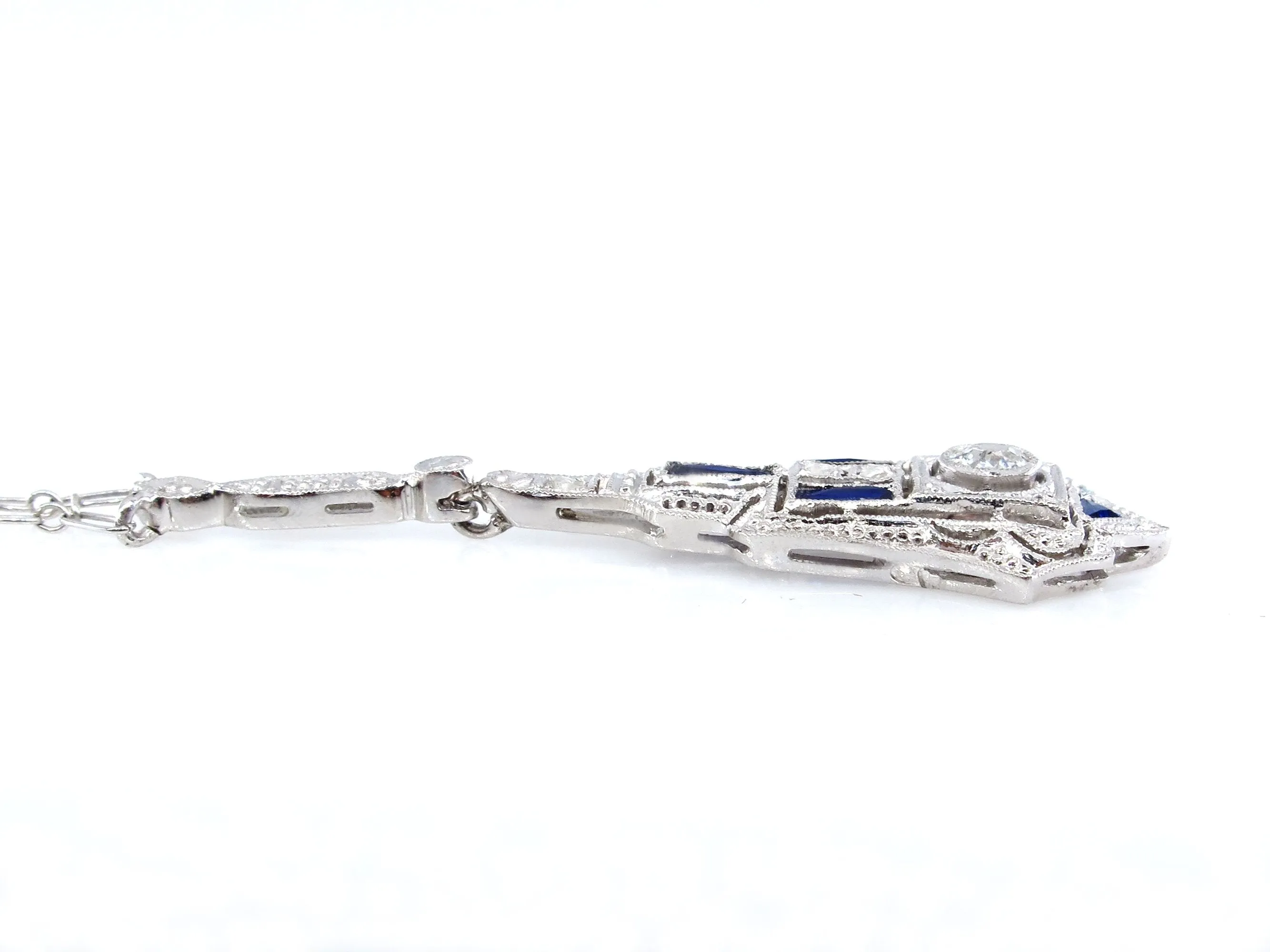 French Art Deco LAVALIERE DIAMOND SAPPHIRE Drop Pendant Necklace