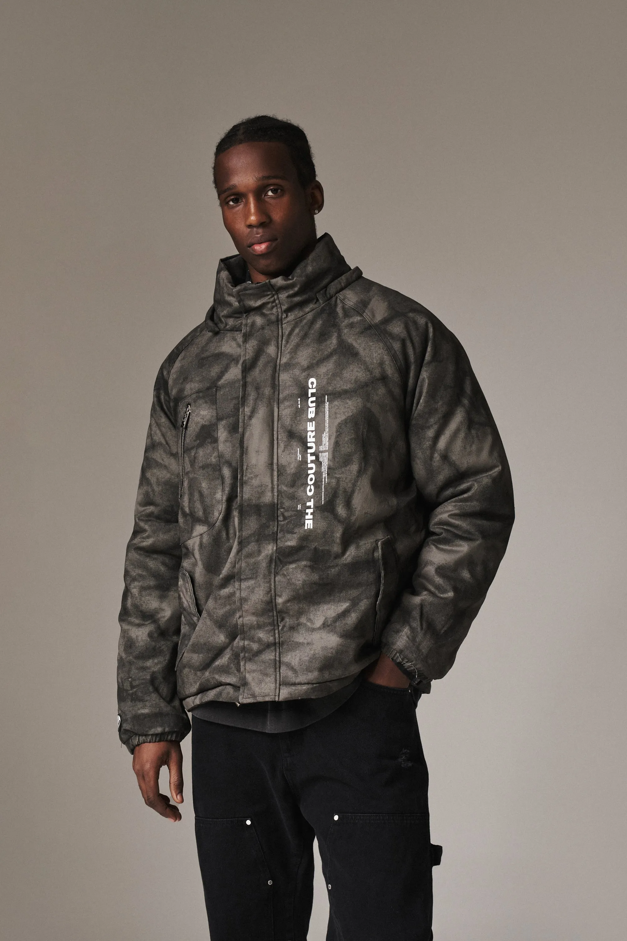 FUR HOODED CAMO PARKA - WASHED BLACK *