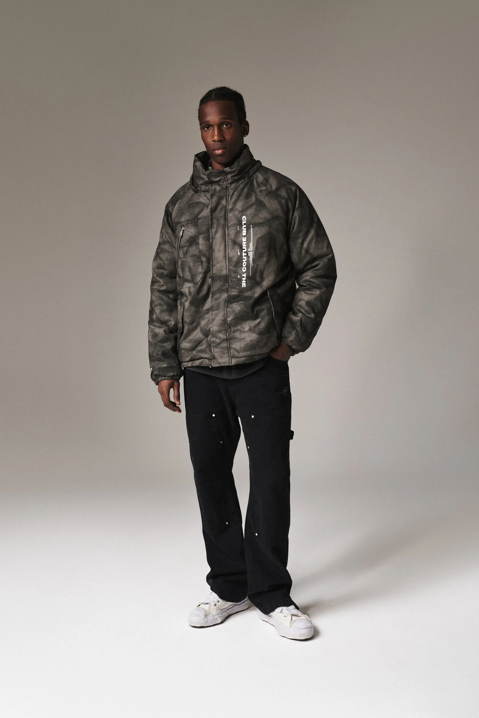 FUR HOODED CAMO PARKA - WASHED BLACK *