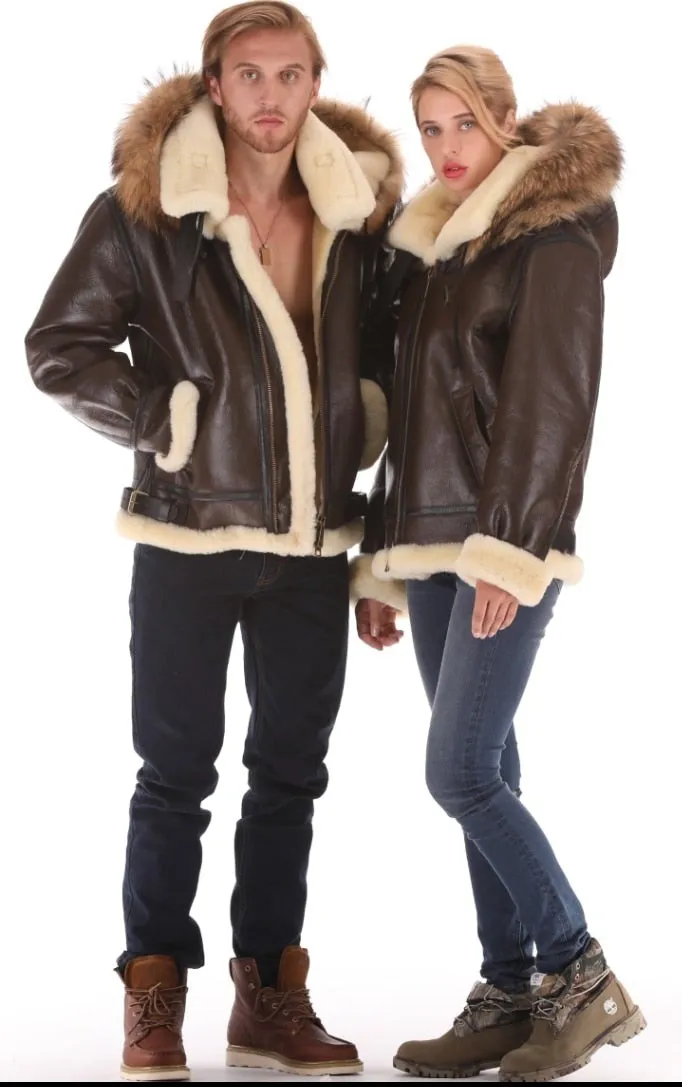 Genuine Leather Shearling Fur Hooded Bomber Men/Women