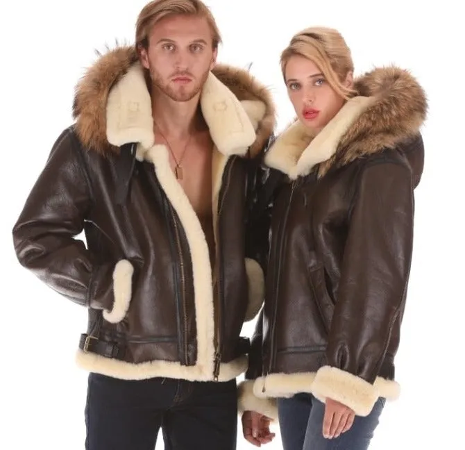 Genuine Leather Shearling Fur Hooded Bomber Men/Women