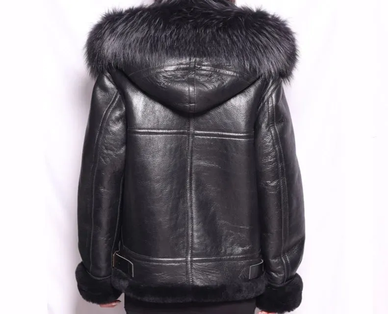 Genuine Leather Shearling Fur Hooded Bomber Men/Women