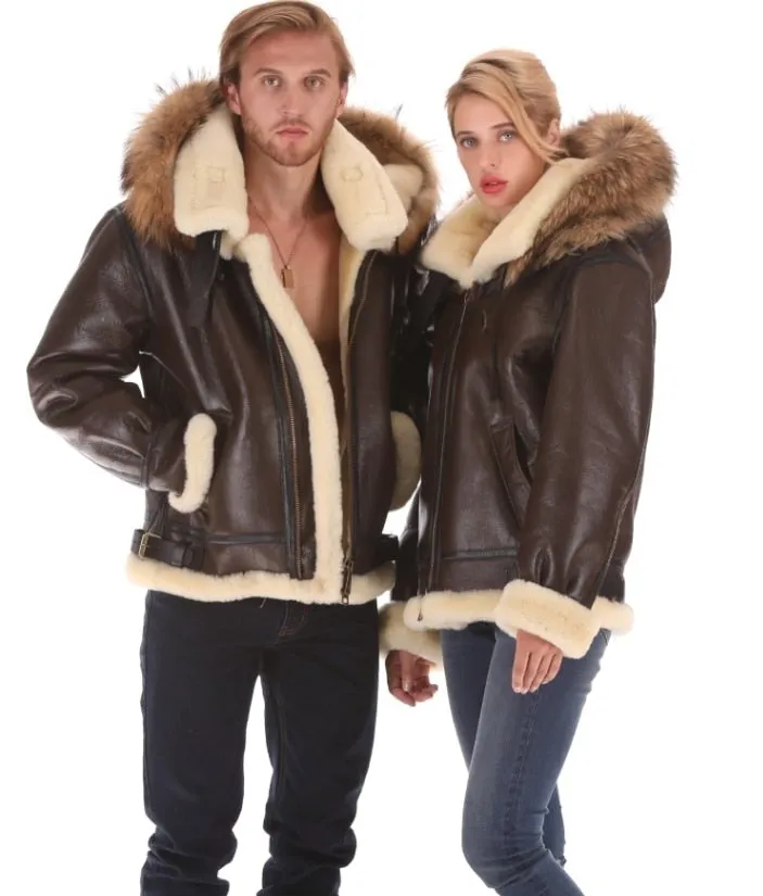 Genuine Leather Shearling Fur Hooded Bomber Men/Women