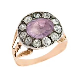 Georgian 12k Pink Amethyst and White Paste Halo Ring