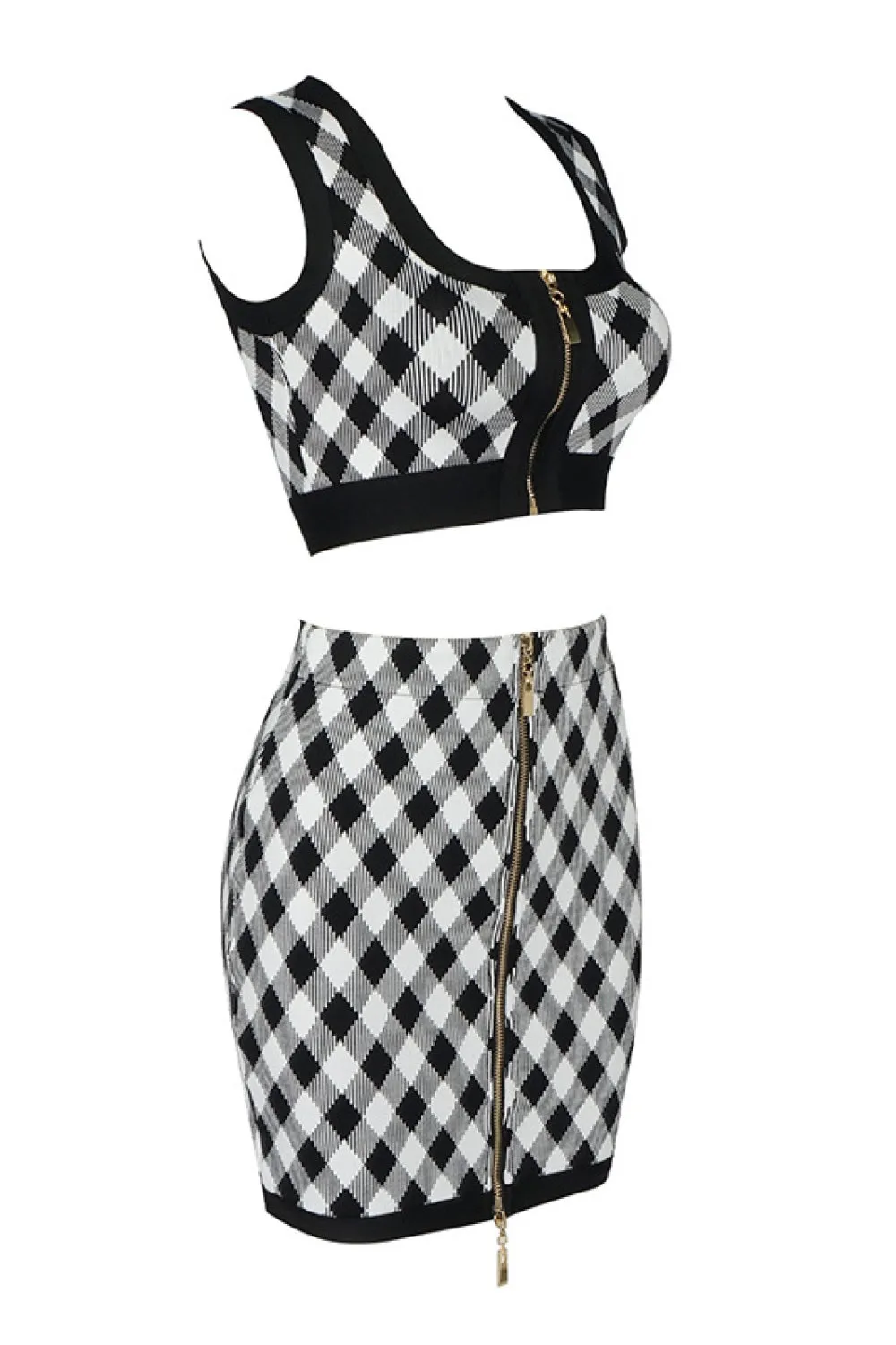 Gingham Zip Front Crop Top and Skirt Set