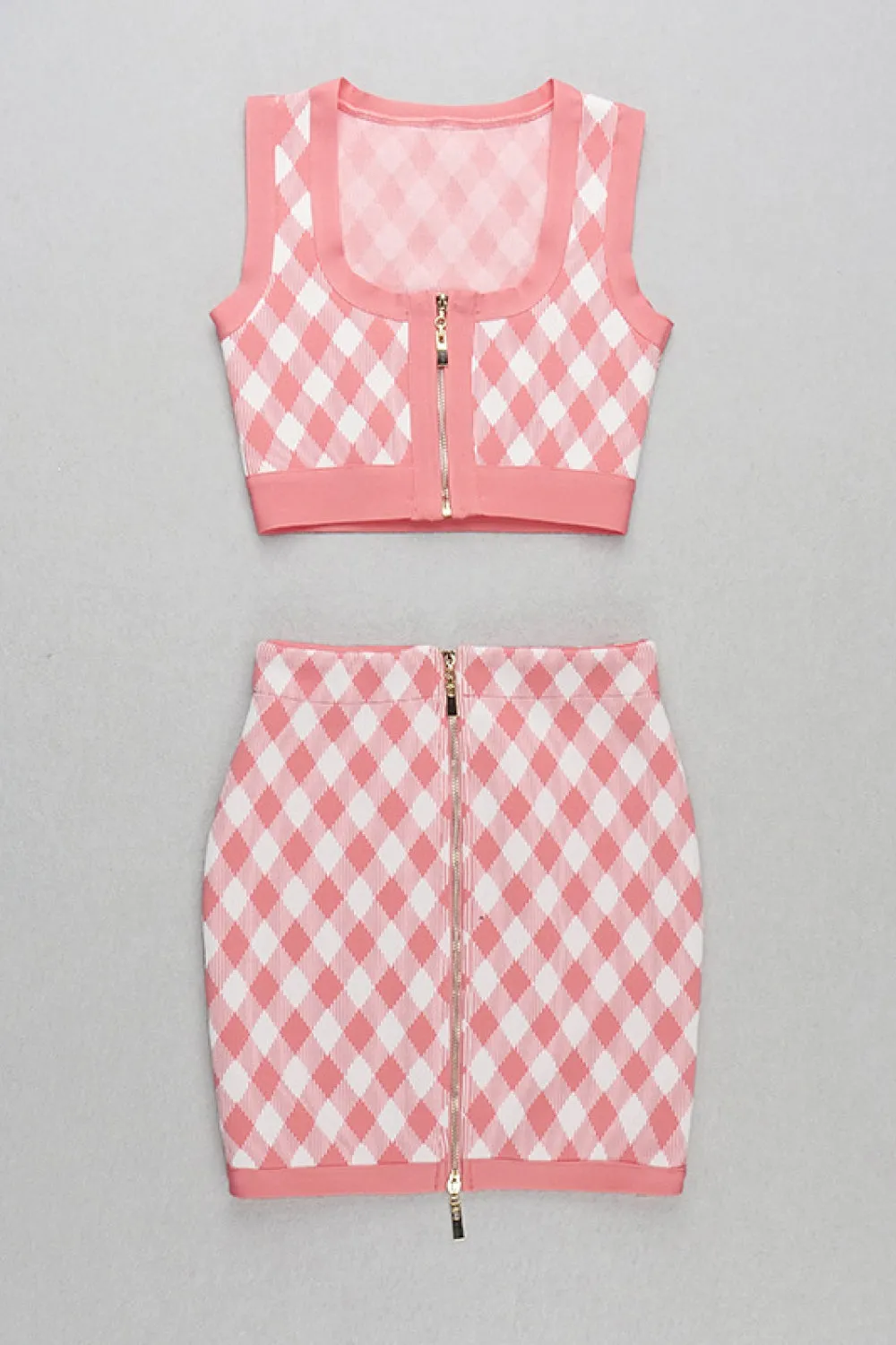 Gingham Zip Front Crop Top and Skirt Set