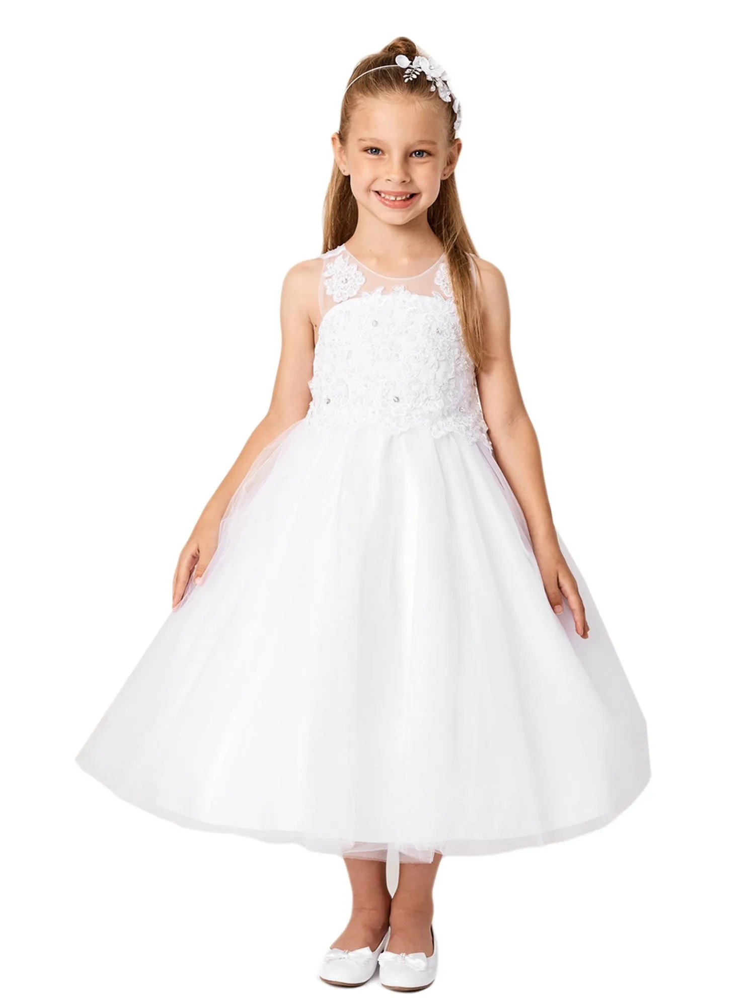 Girls White Illusion Neck Embroidered Tulle Junior Bridesmaid Dress 2-14