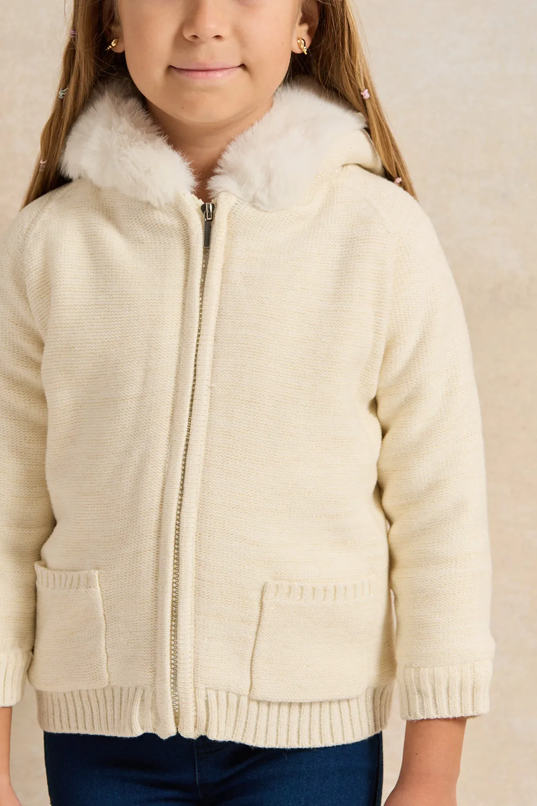 Girls White Zip Thru Cardigan With Sherpa Lining