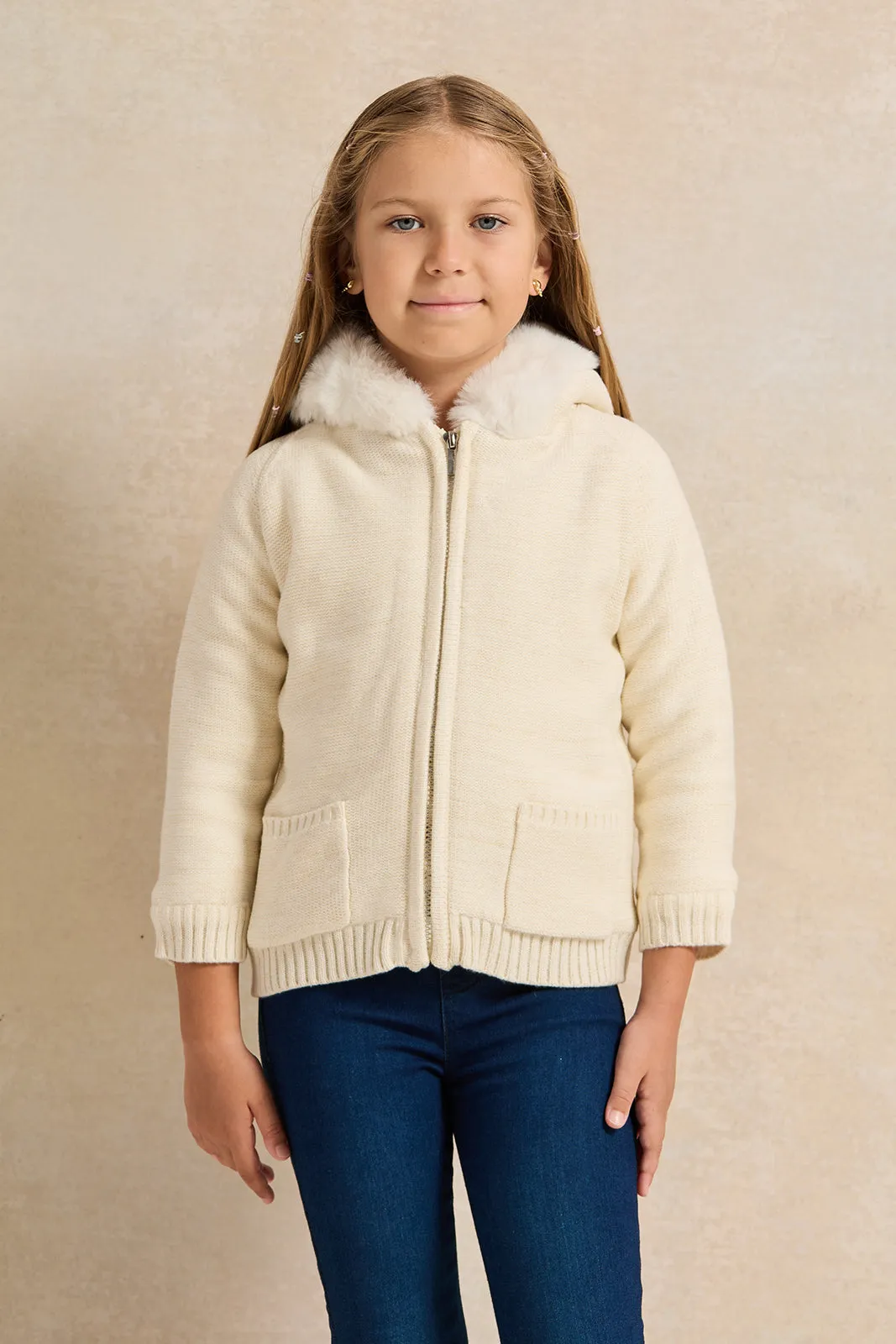 Girls White Zip Thru Cardigan With Sherpa Lining