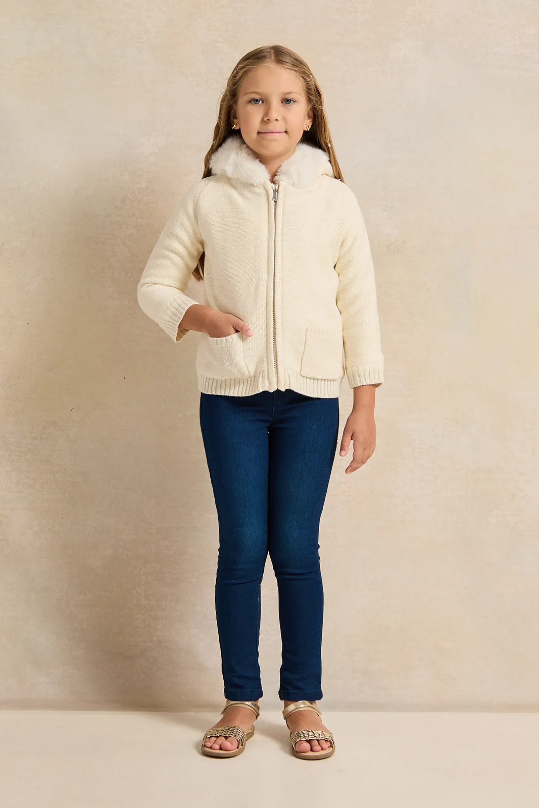 Girls White Zip Thru Cardigan With Sherpa Lining