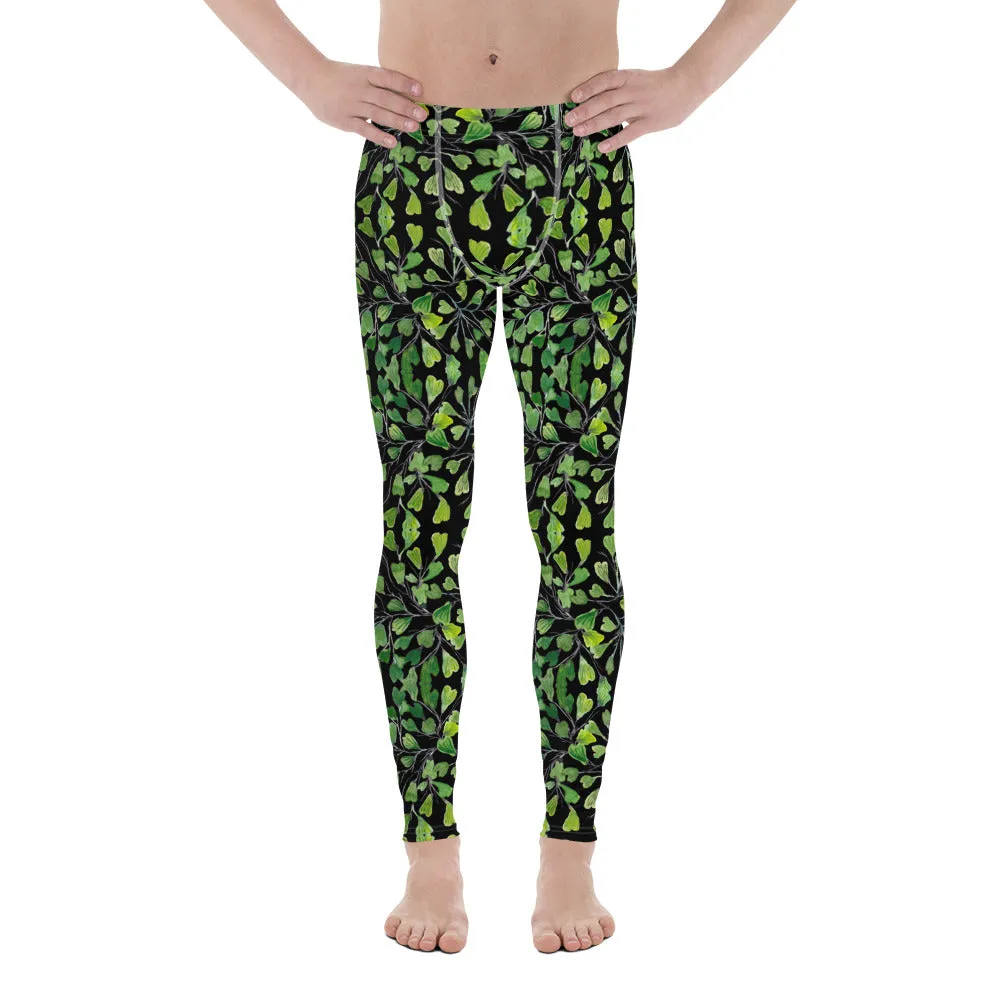 Green Maidenhair Fern Leaf Meggings, Black Leaves Printed Men's Leggings -Made in USA/EU